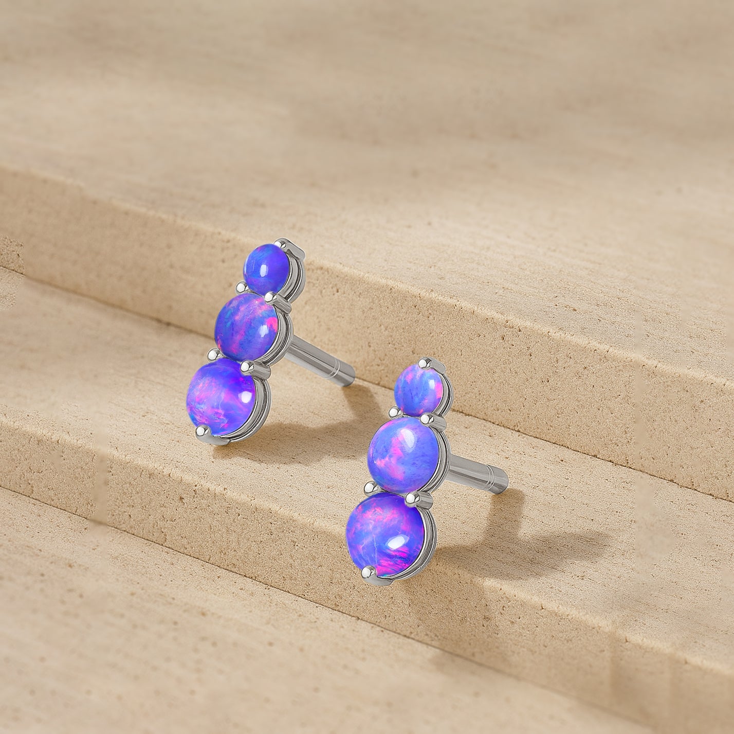 925 Silver Lavender Opal Triple Round Stud Earrings 5mm 4mm 3mm Stones 2.80ct