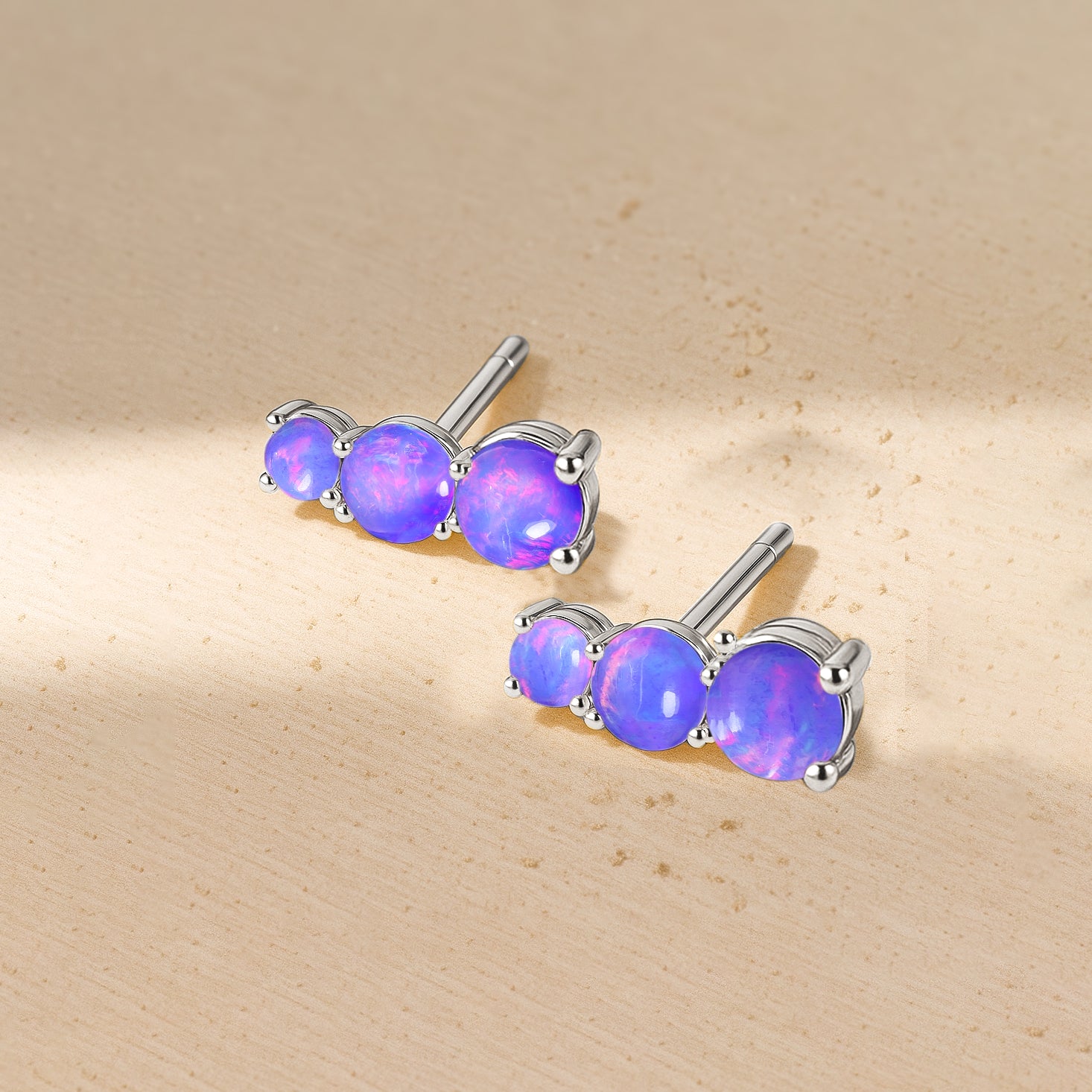 925 Silver Lavender Opal Triple Round Stud Earrings 5mm 4mm 3mm Stones 2.80ct