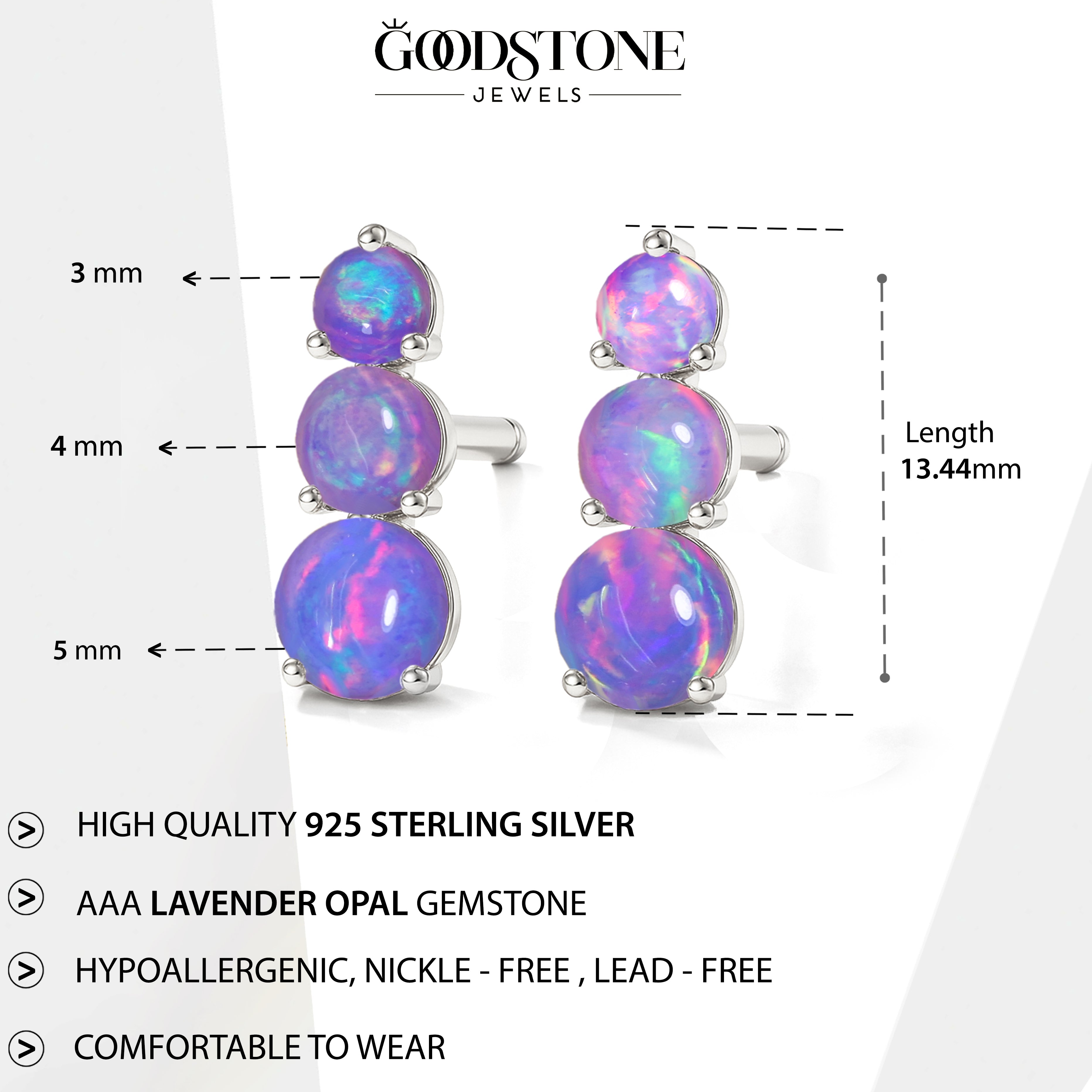 925 Silver Lavender Opal Triple Round Stud Earrings 5mm 4mm 3mm Stones 2.80ct