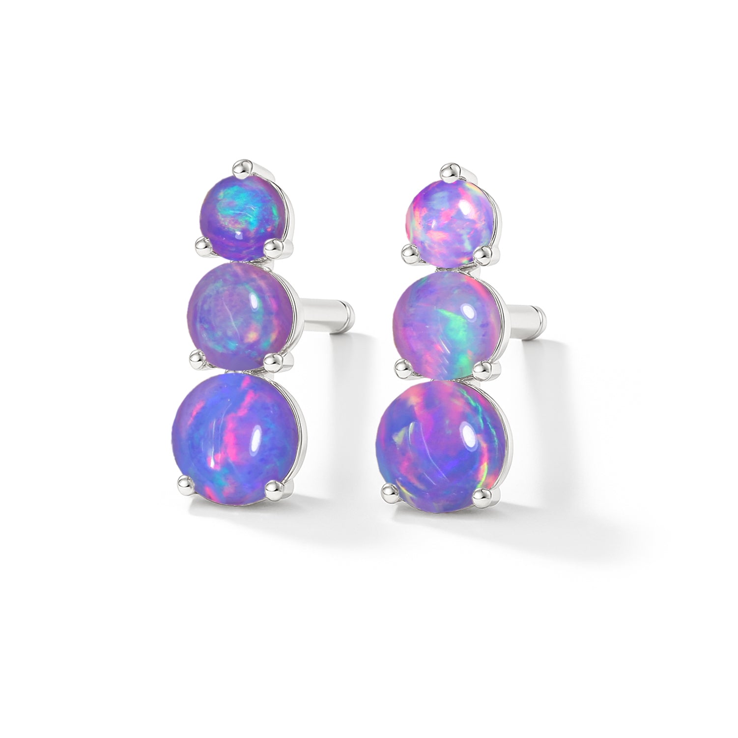 925 Silver Lavender Opal Triple Round Stud Earrings 5mm 4mm 3mm Stones 2.80ct