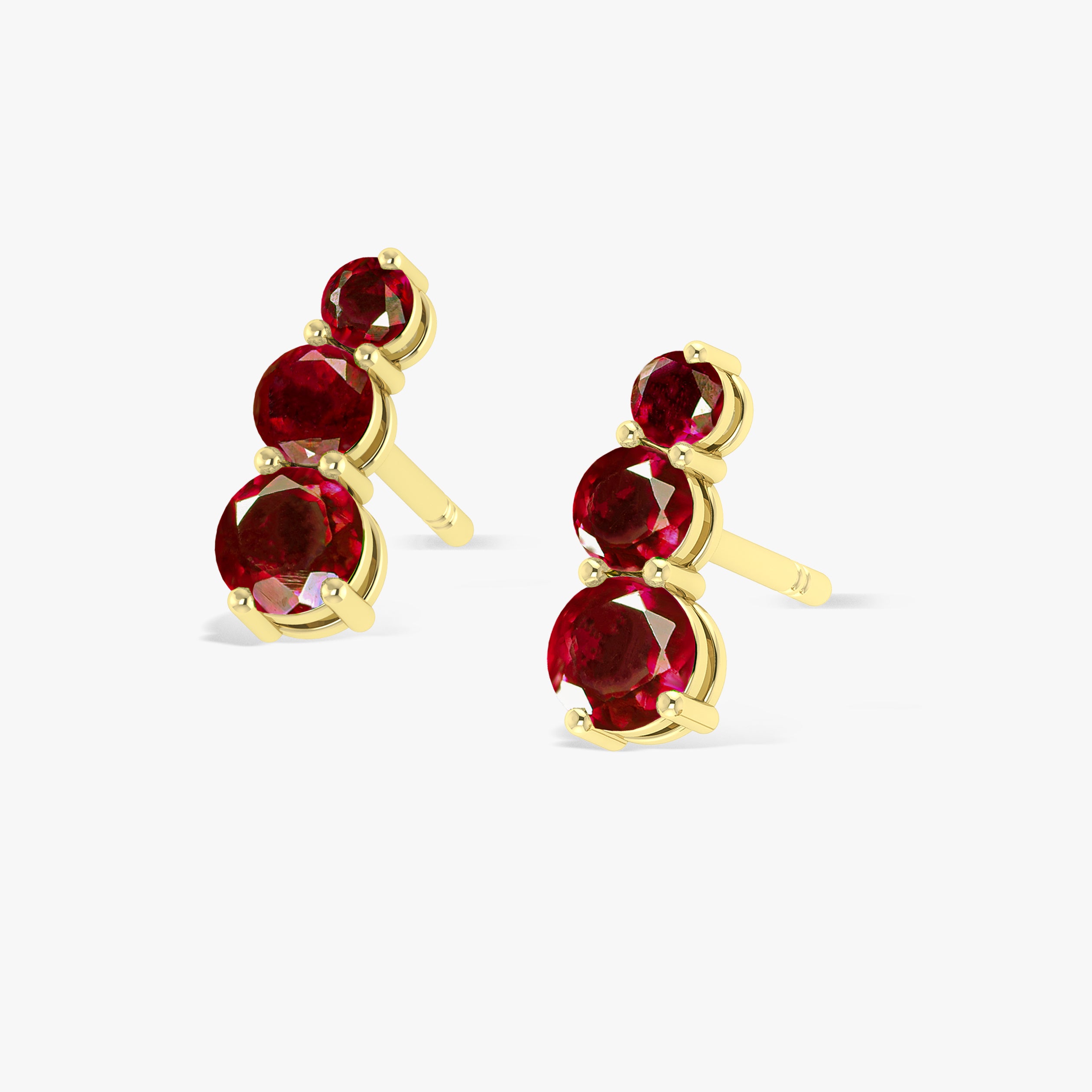 Natural Three Stone Red Ruby Stud Earrings