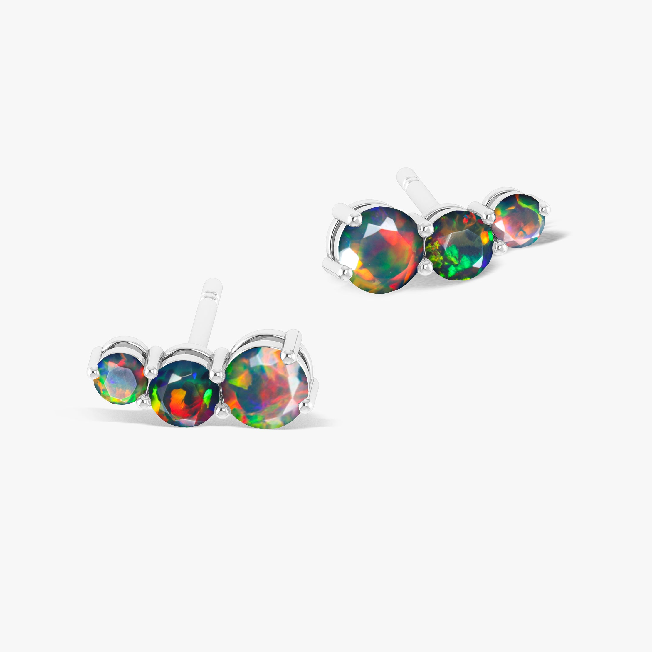 Fire Black Opal Three Stone Stud Earrings