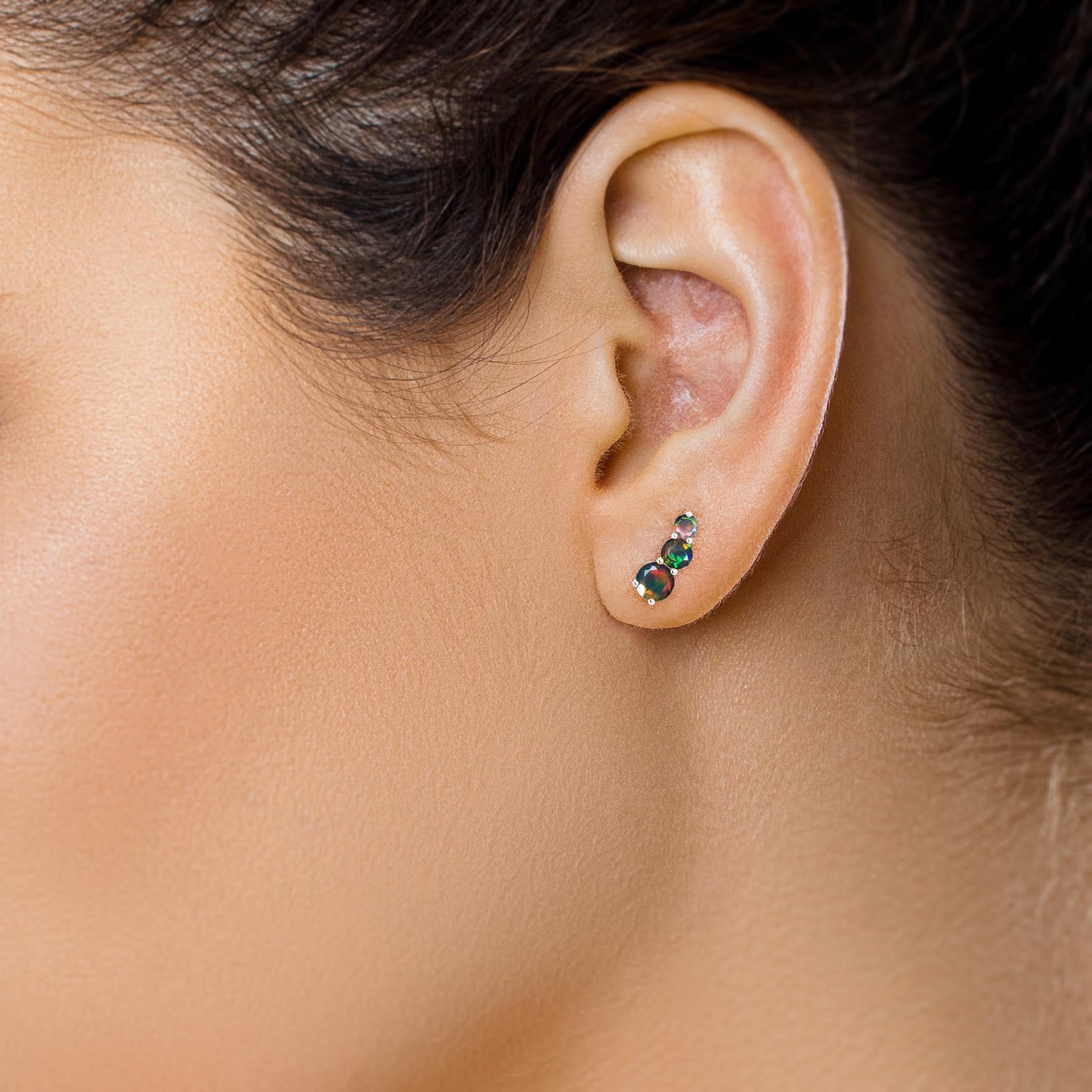 Fire Black Opal Three Stone Stud Earrings