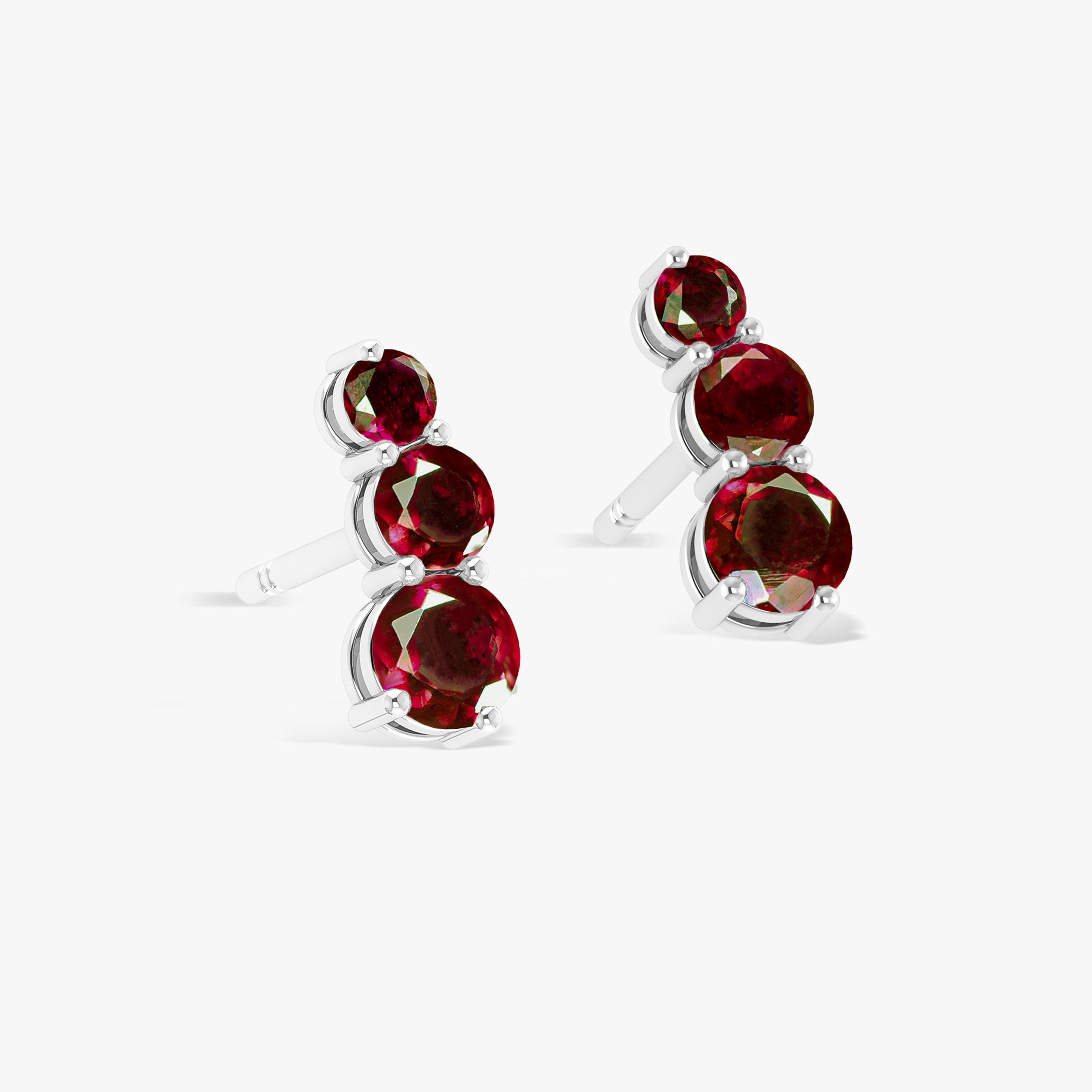 925 Silver Ruby Triple Round Stud Earrings 5mm 4mm 3mm Stones 2.80ct