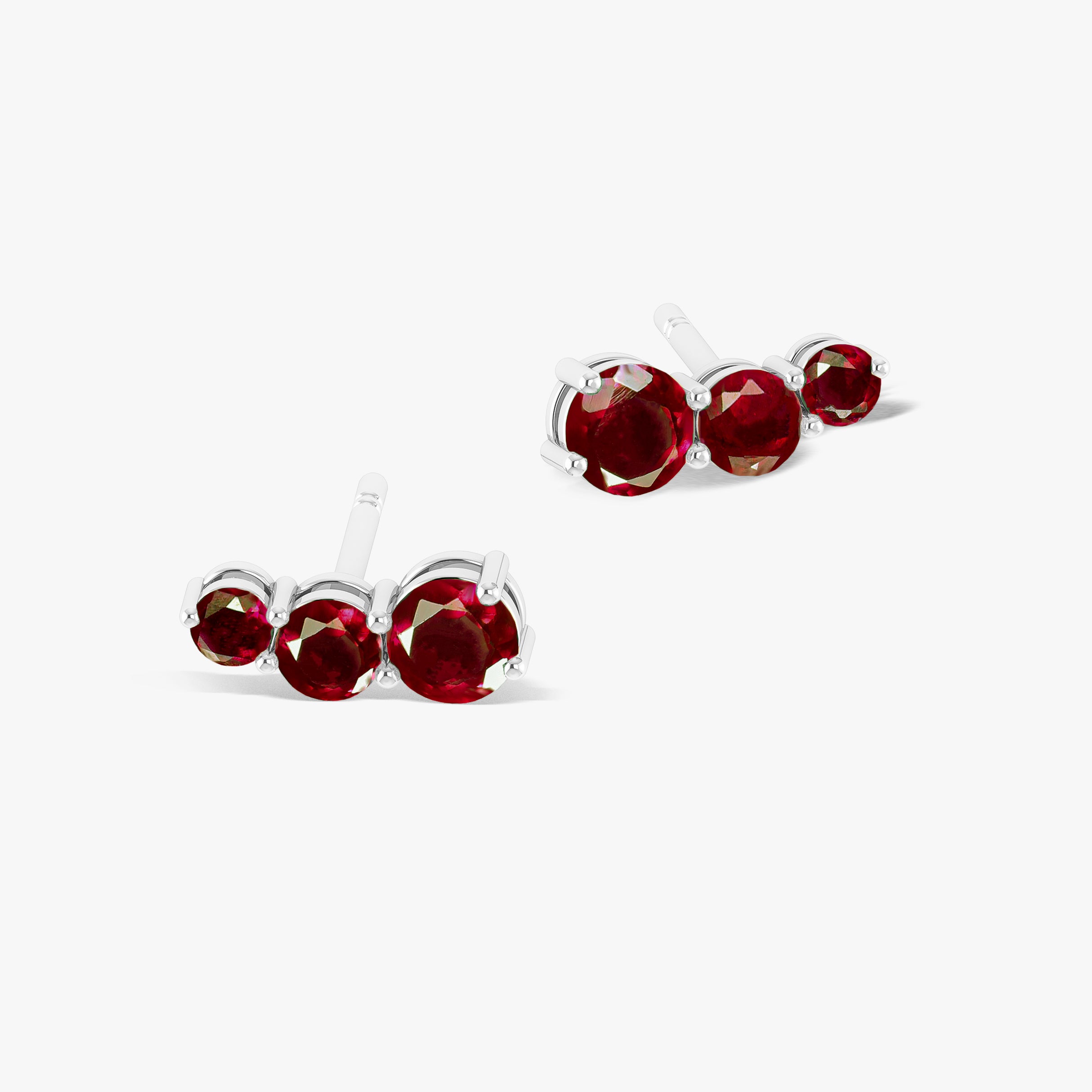 Natural Three Stone Red Ruby Stud Earrings