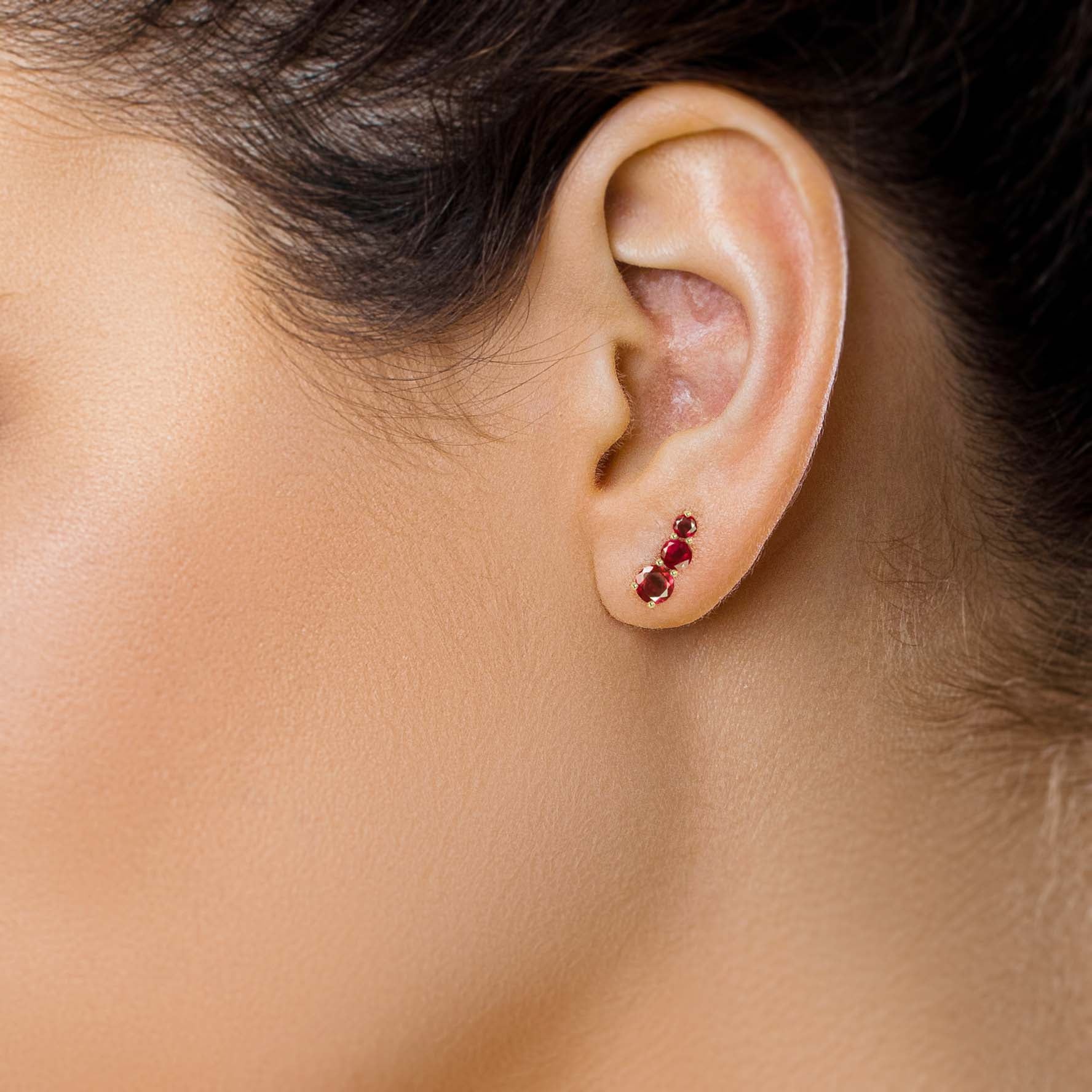 Natural Three Stone Red Ruby Stud Earrings