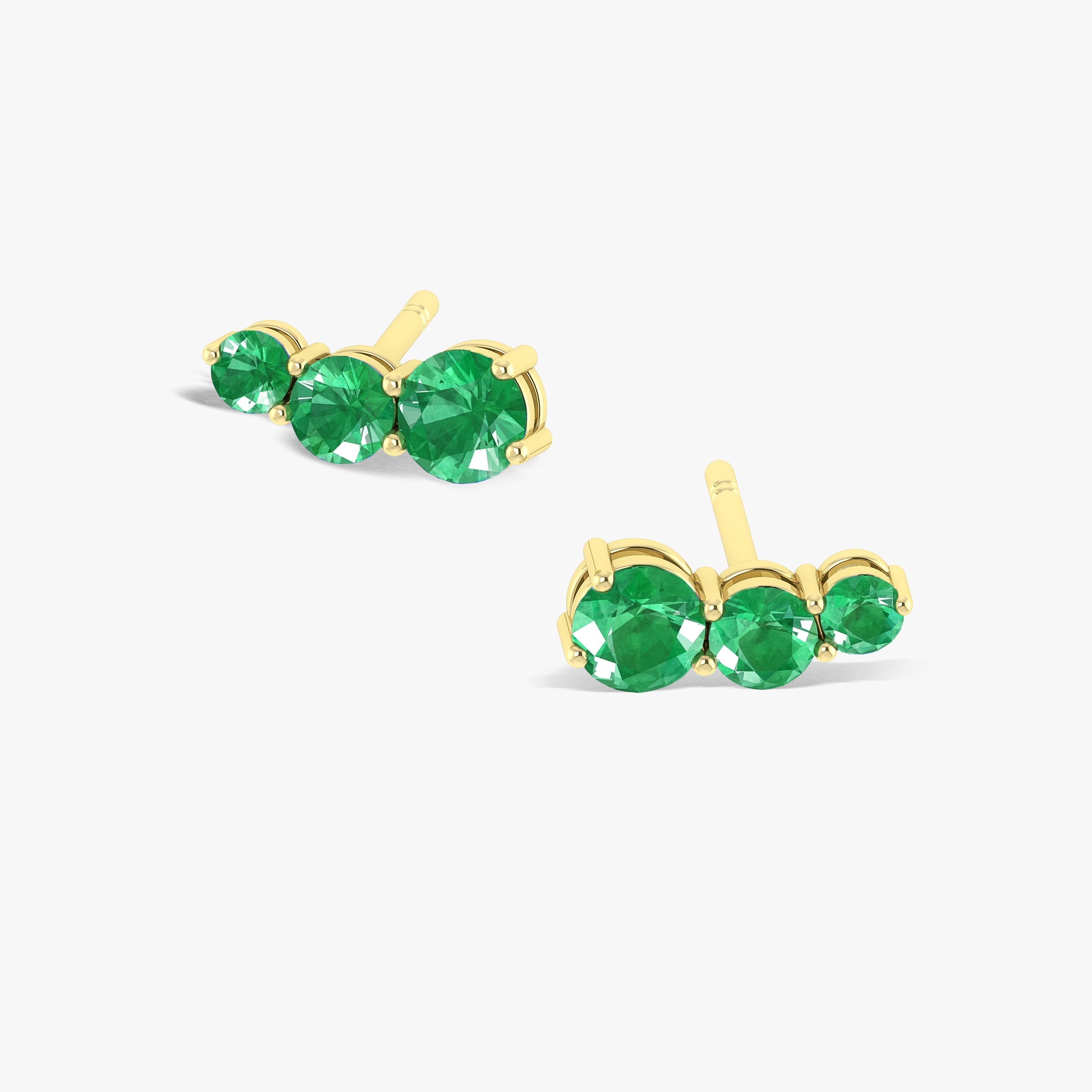 Three Stone Green Emerald Stud Earrings