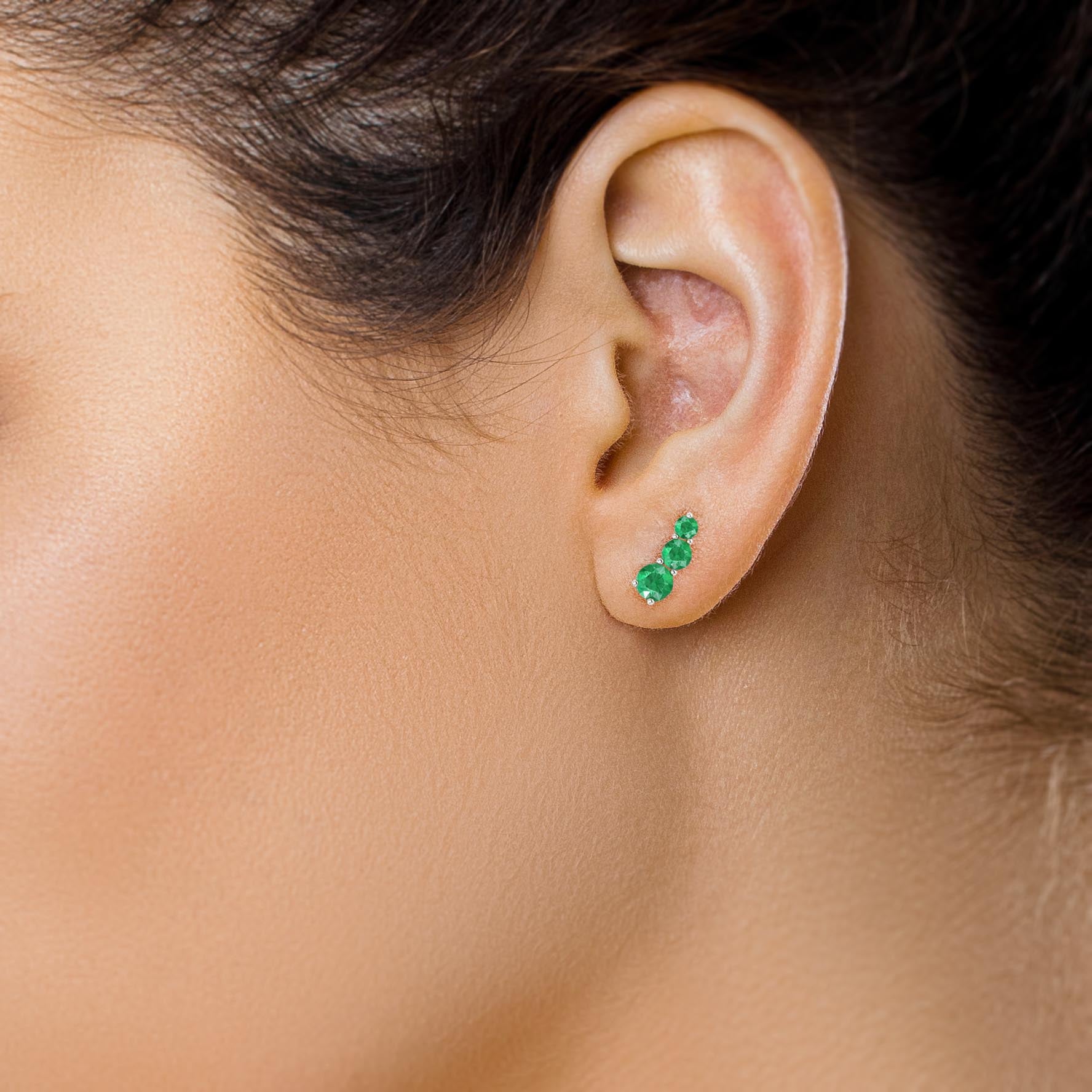 Three Stone Green Emerald Stud Earrings