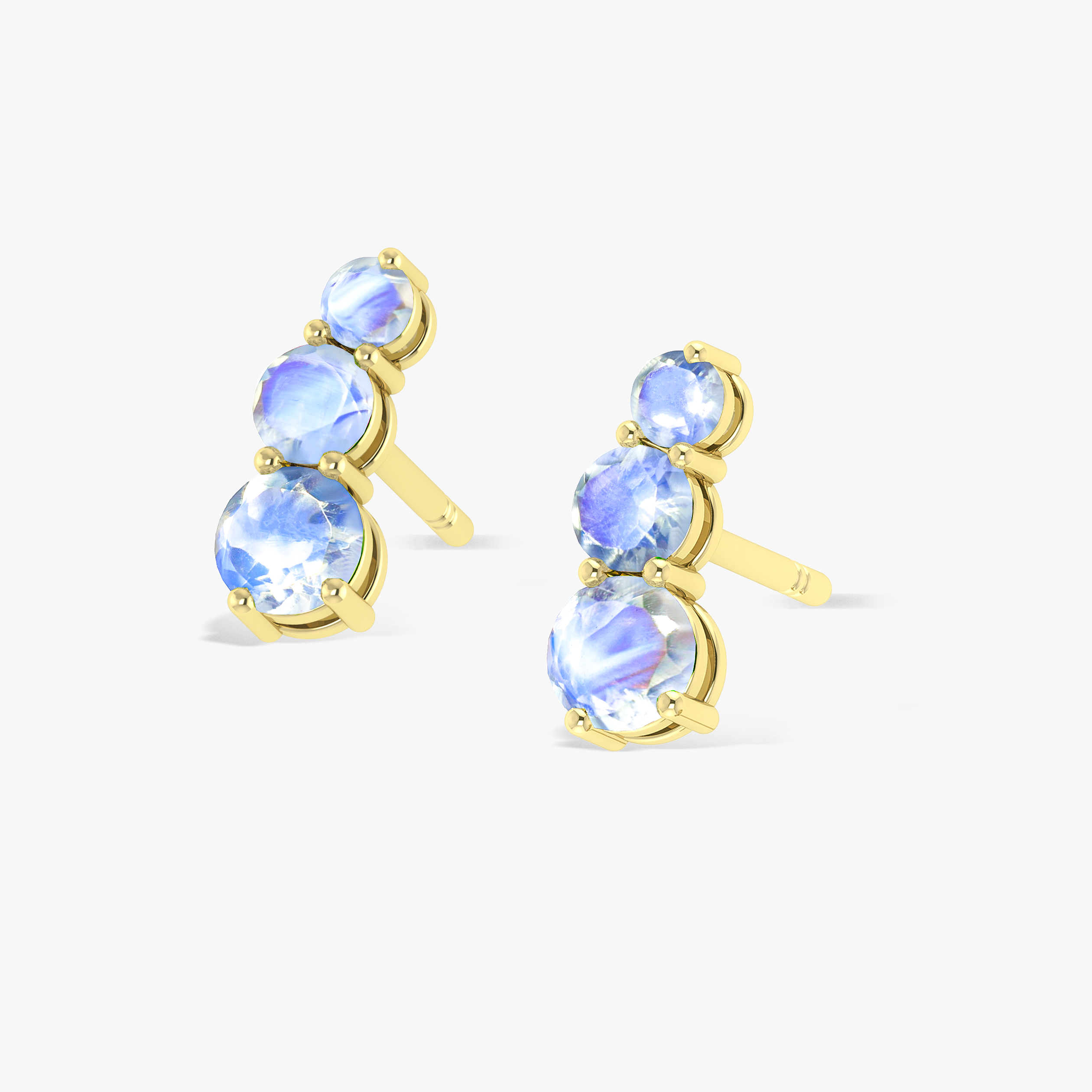 Three Stone Rainbow Moonstone Stud Earrings
