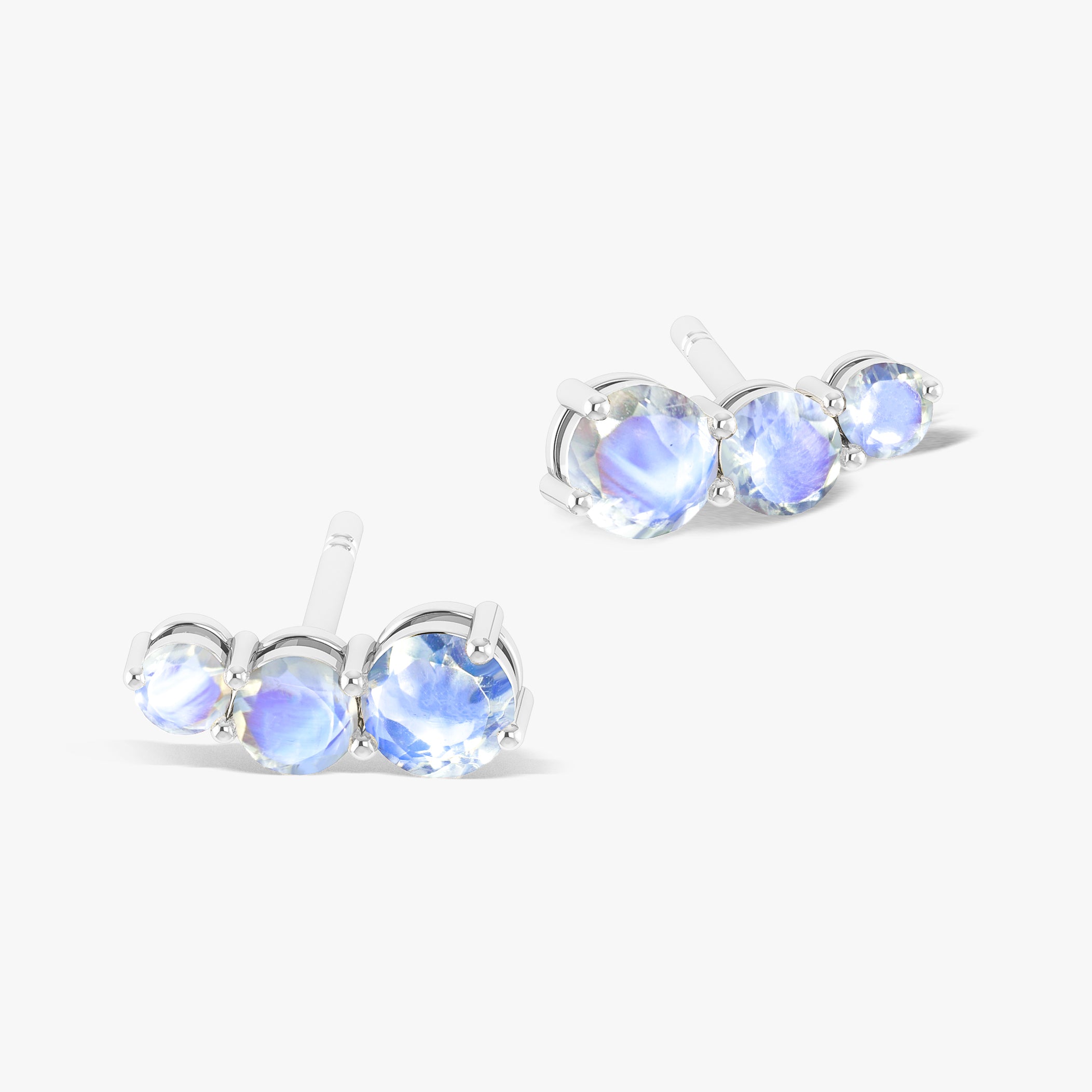 Three Stone Rainbow Moonstone Stud Earrings