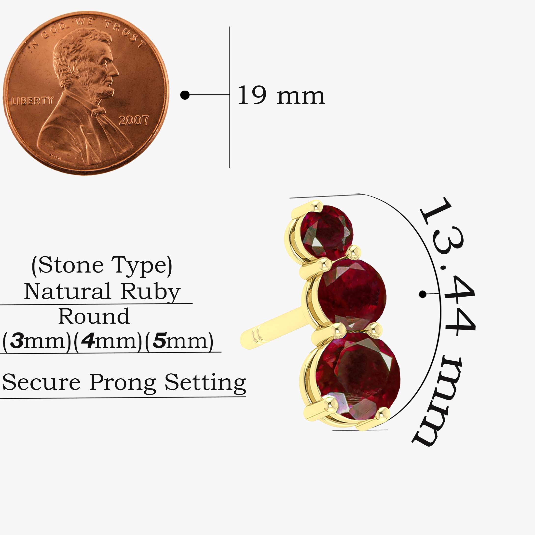 Natural Three Stone Red Ruby Stud Earrings