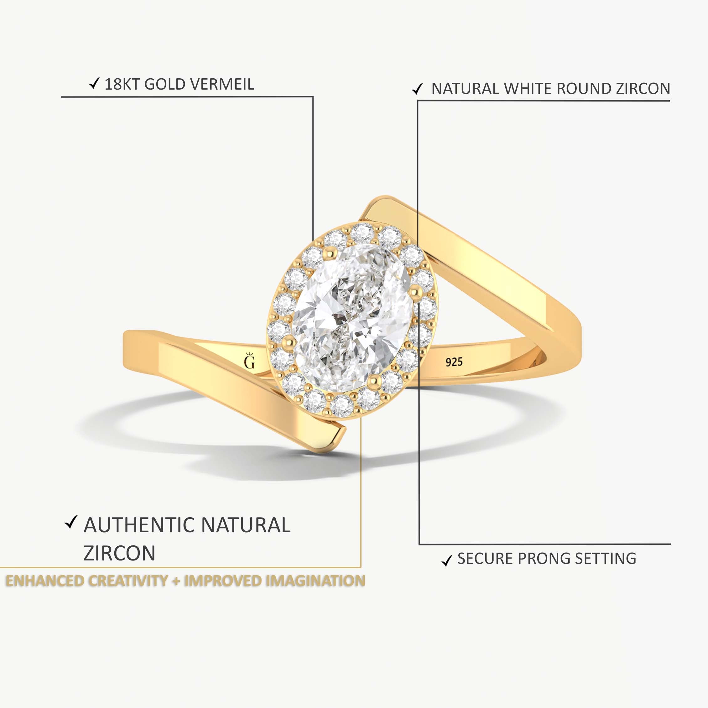 Oval shape simulated diamond 18K Gold Vermeil or silver ring