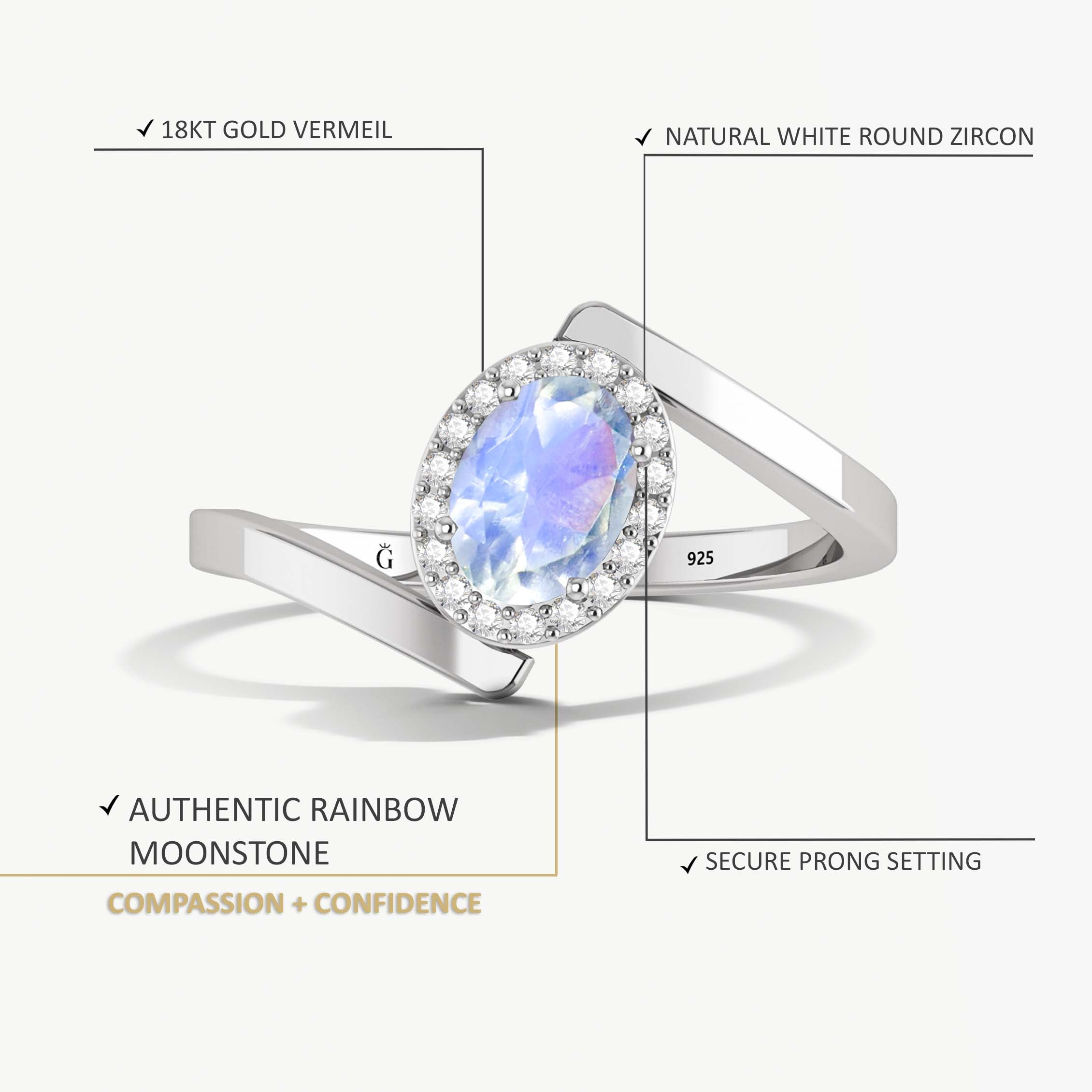 Gorgeous white rainbow moonstone Gold vermeil or silver ring