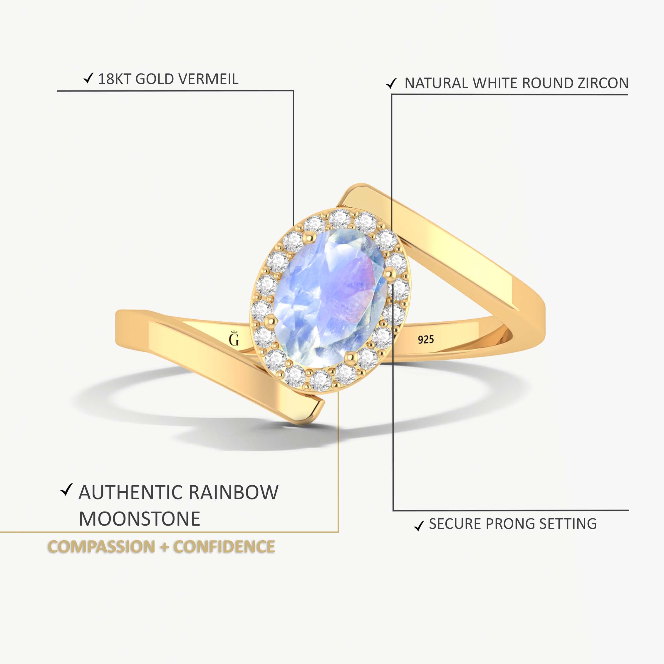 Gorgeous white rainbow moonstone Gold vermeil or silver ring