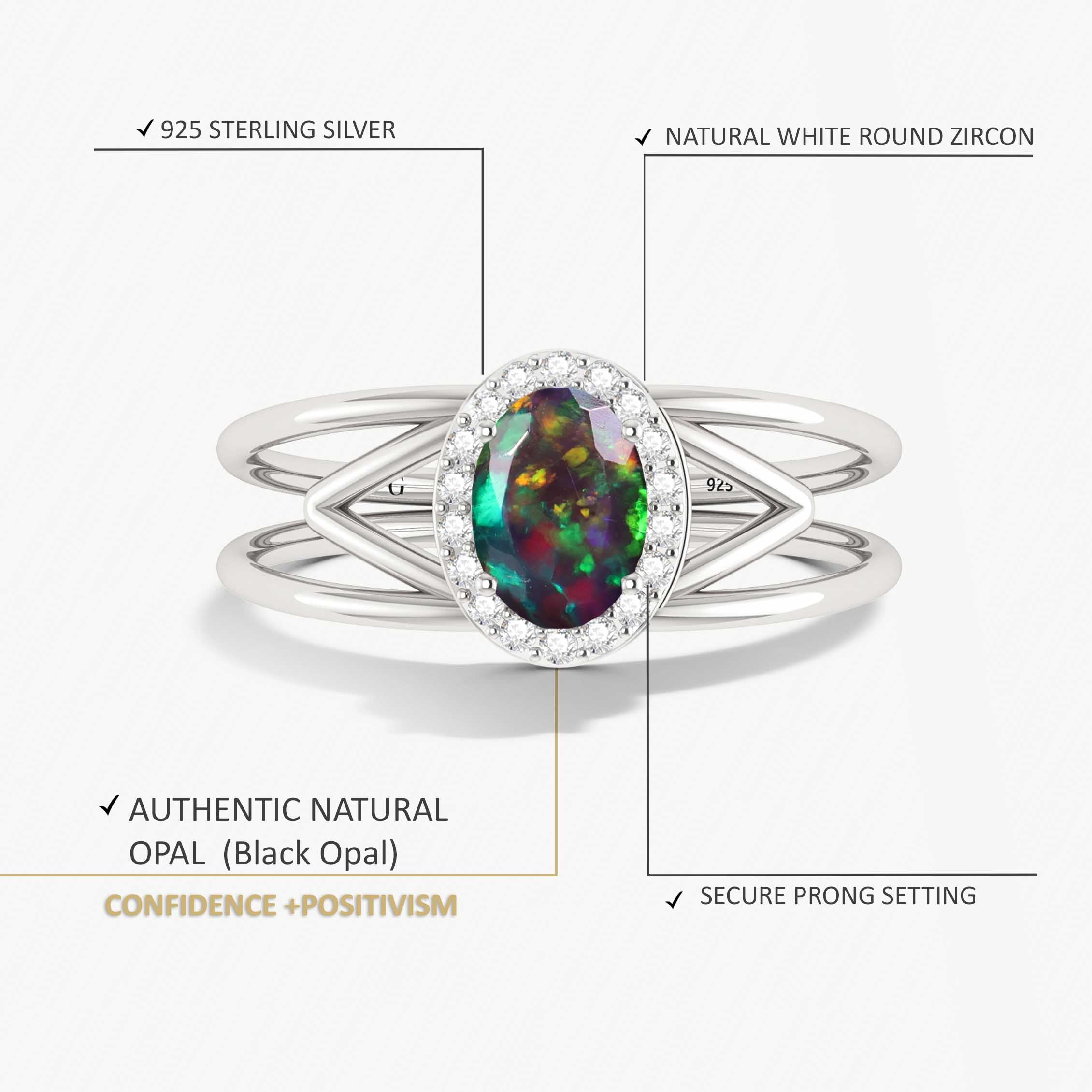 Natural Black Opal & White Zircon Stackable Halo Ring