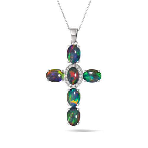 Black Opal Oval Holy Cross Pendant Necklace in 925 Sterling Silver