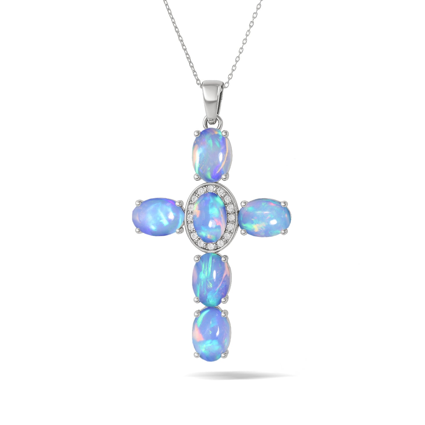 Blue Opal Oval Holy Cross Pendant Necklace in 925 Sterling Silver