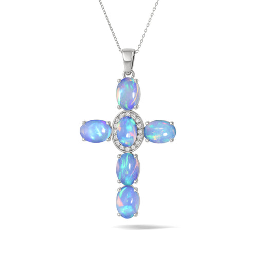 Blue Opal Oval Holy Cross Pendant Necklace in 925 Sterling Silver