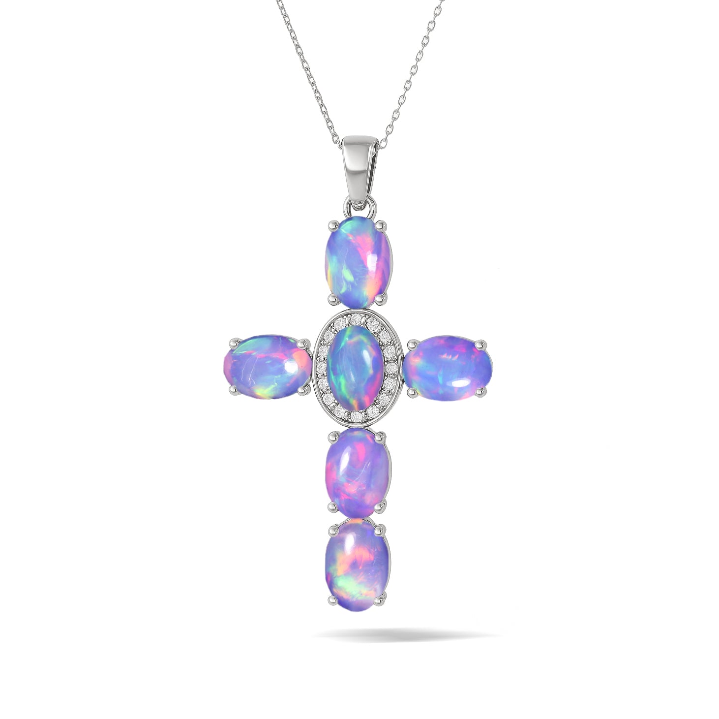 Lavender Opal Oval Holy Cross Pendant Necklace in 925 Sterling Silver
