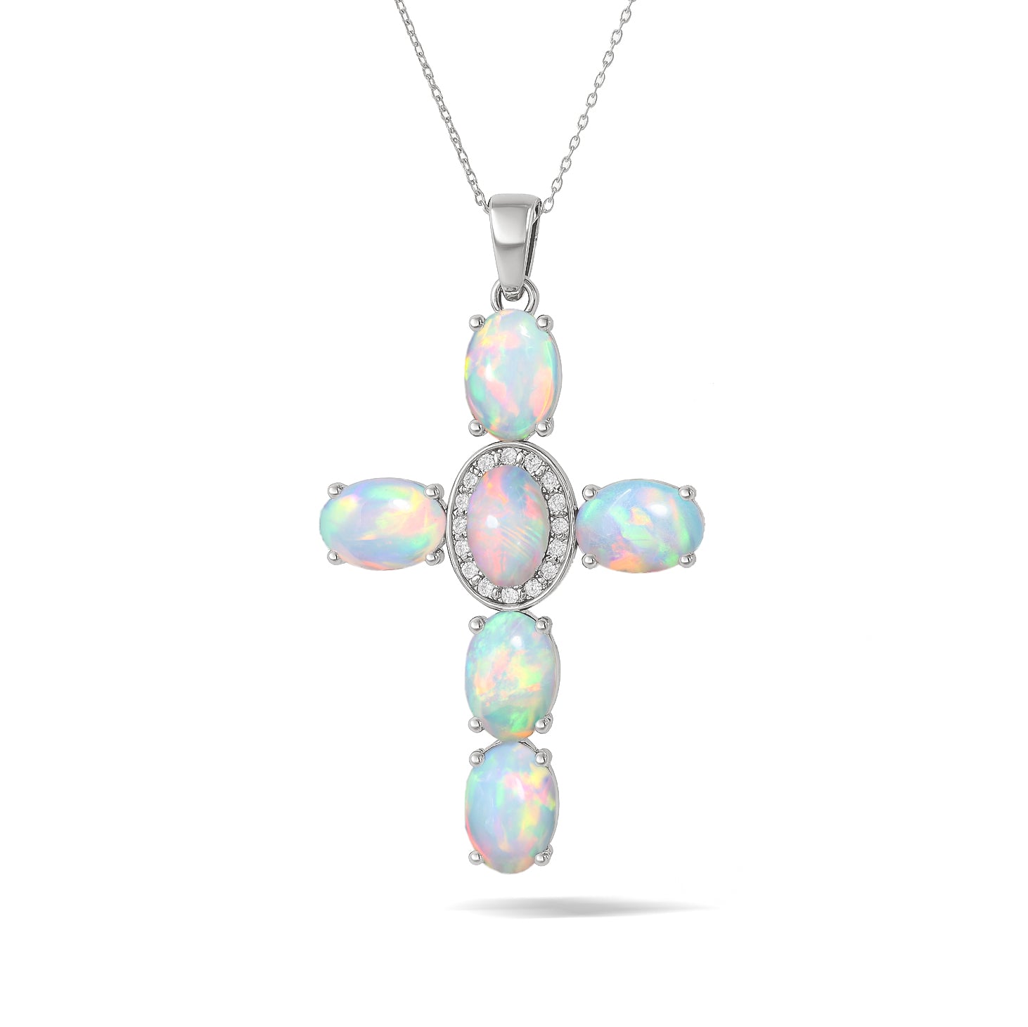 White Opal Oval Holy Cross Pendant Necklace in 925 Sterling Silver