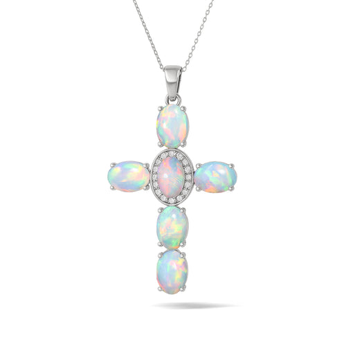White Opal Oval Holy Cross Pendant Necklace in 925 Sterling Silver