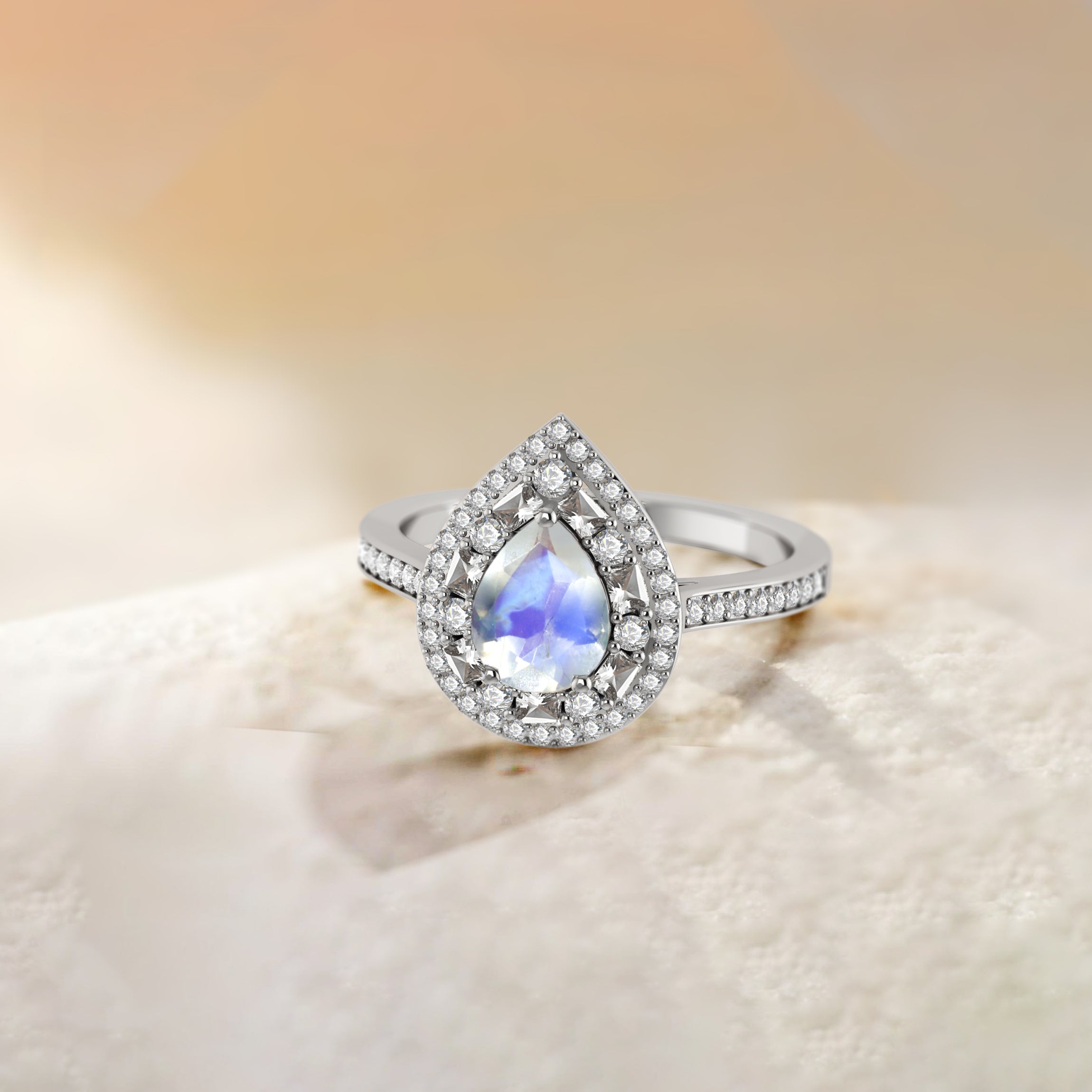 Pear Shape Natural Moonstone Statement Halo Ring