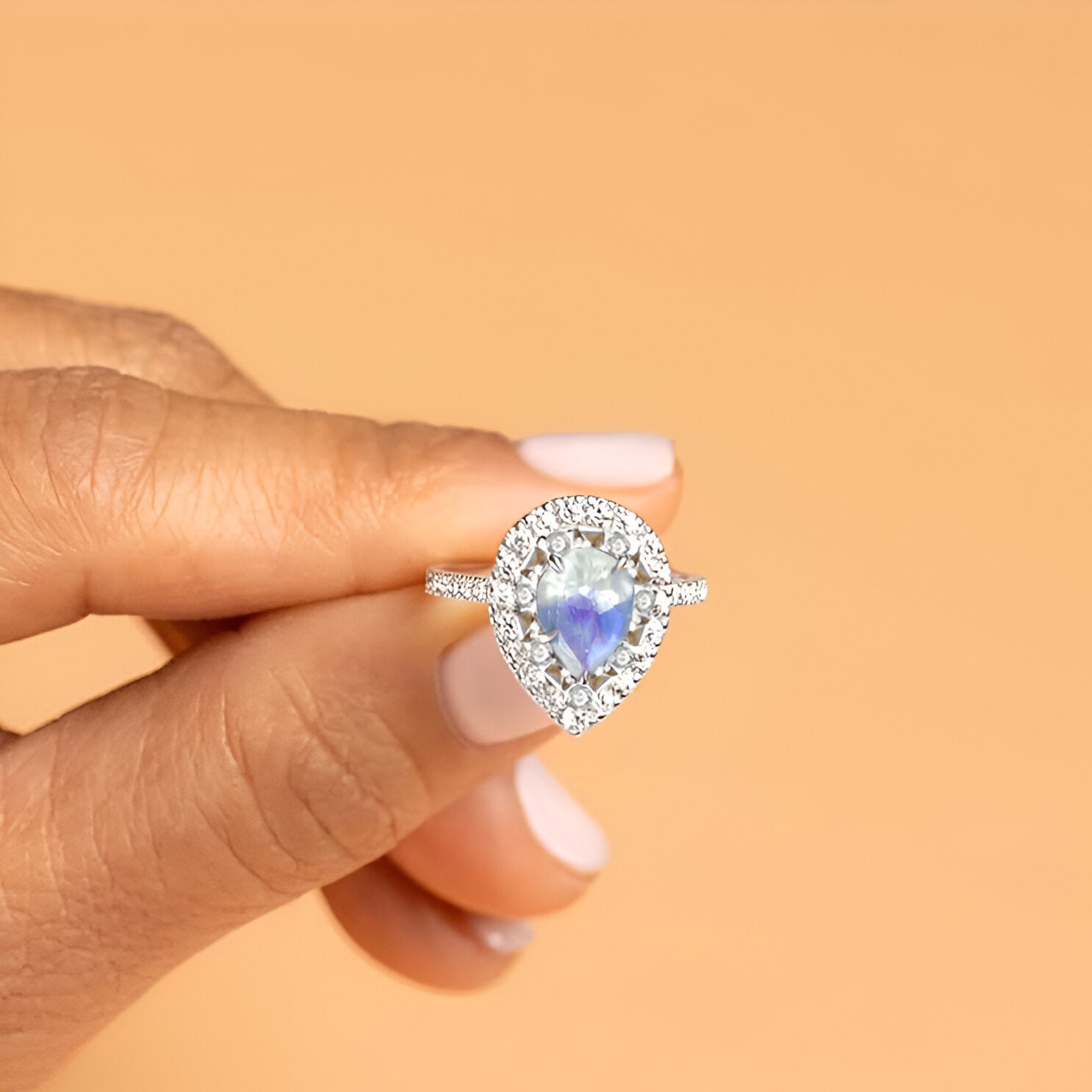 Pear Shape Natural Moonstone Statement Halo Ring