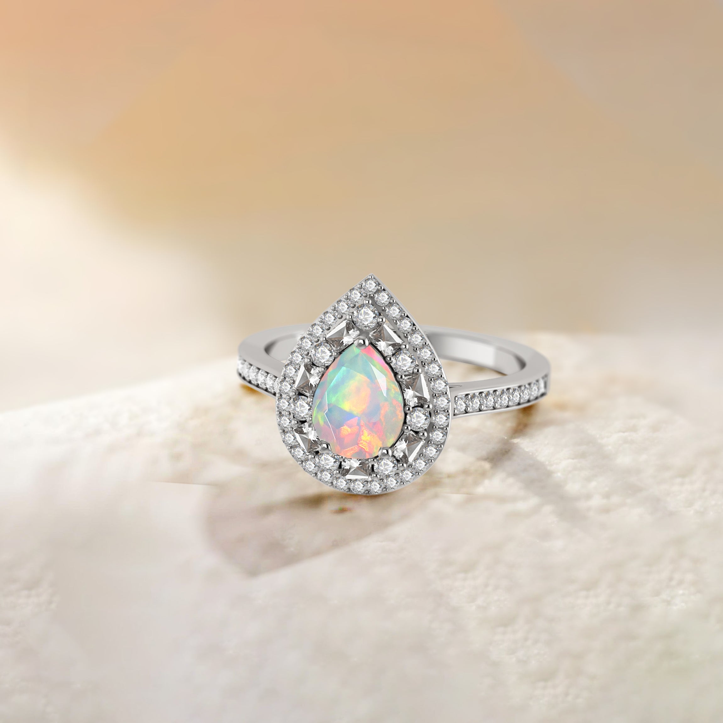 Pear Shape Natural White Opal Statement Halo Ring