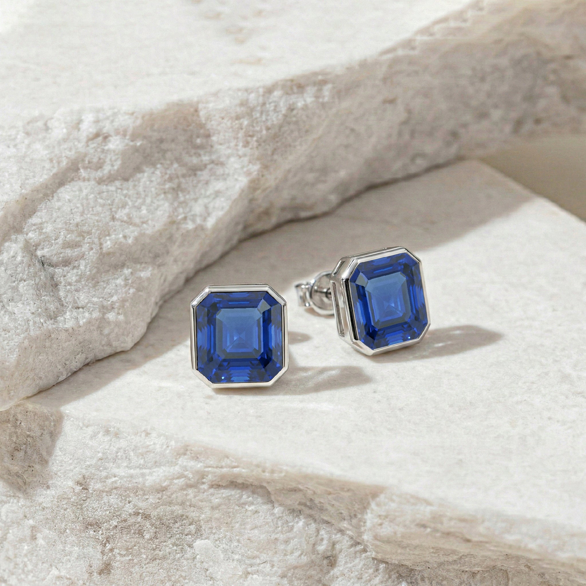 Blue Sapphire Octagon Stud Earring in 925 Sterling Silver 6MM 2ct.