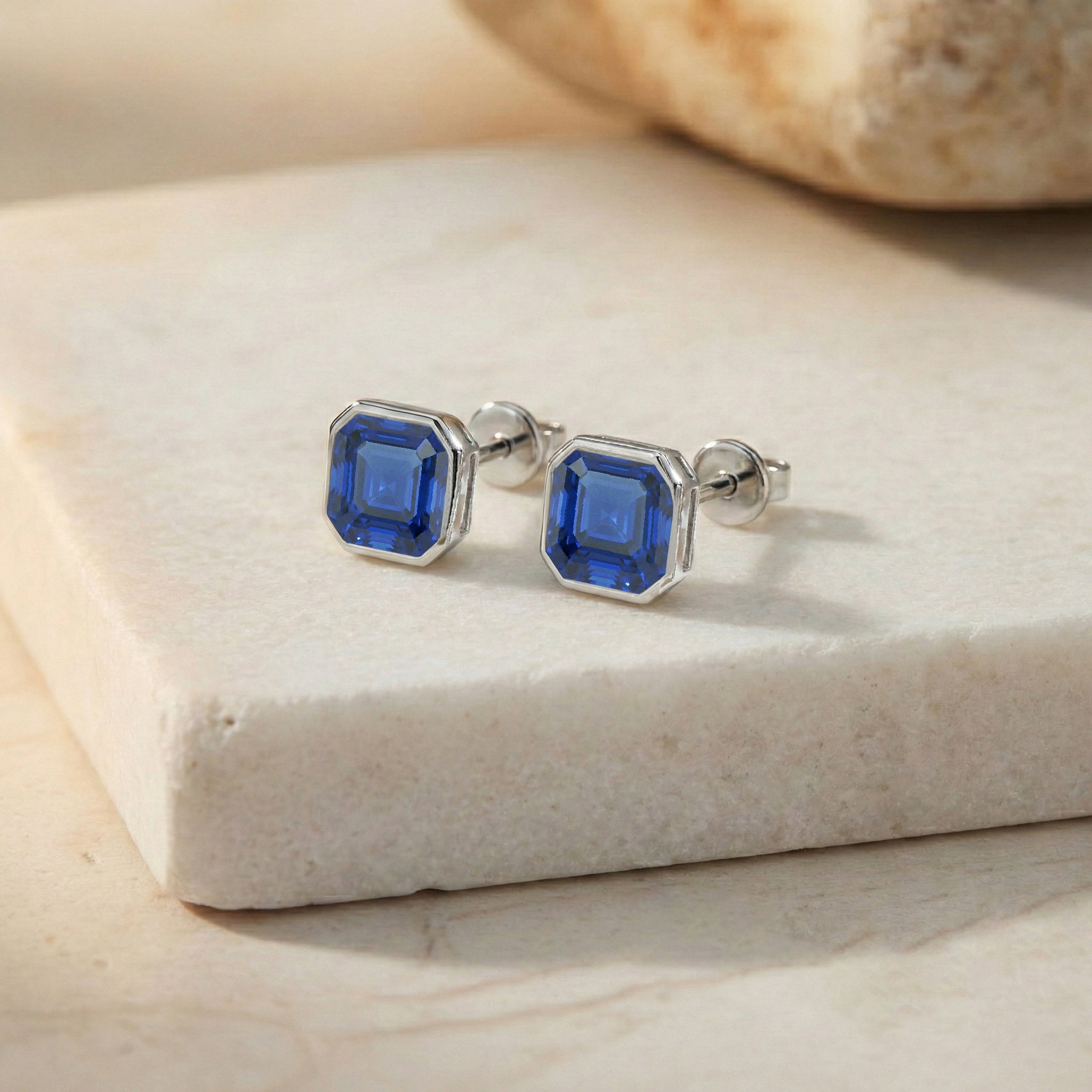 Blue Sapphire Octagon Stud Earring in 925 Sterling Silver 6MM 2ct.