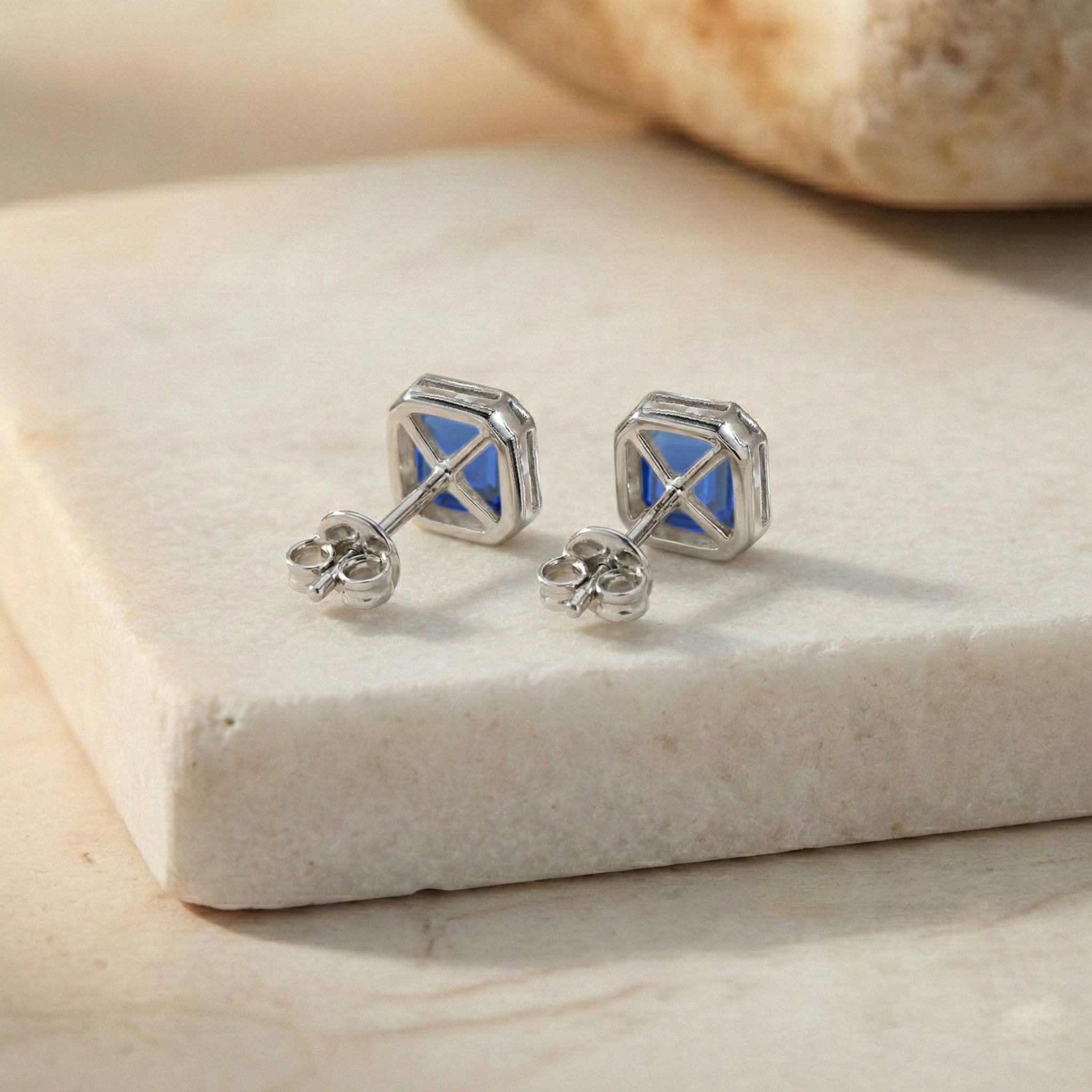 Blue Sapphire Octagon Stud Earring in 925 Sterling Silver 6MM 2ct.