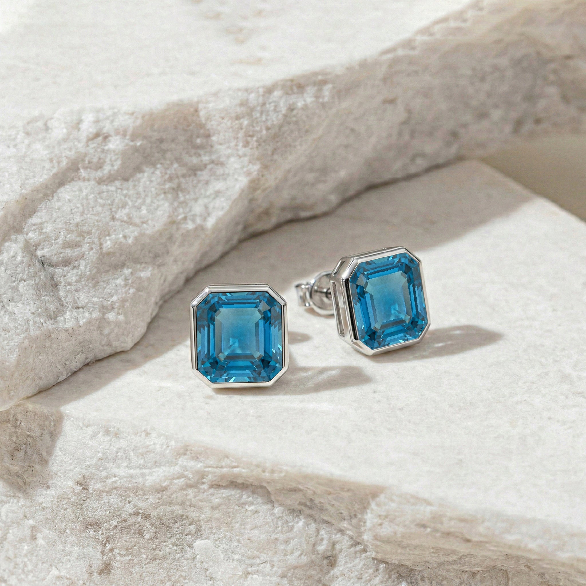 Blue Topaz Octagon Stud Earring in 925 Sterling Silver 6MM 2ct.