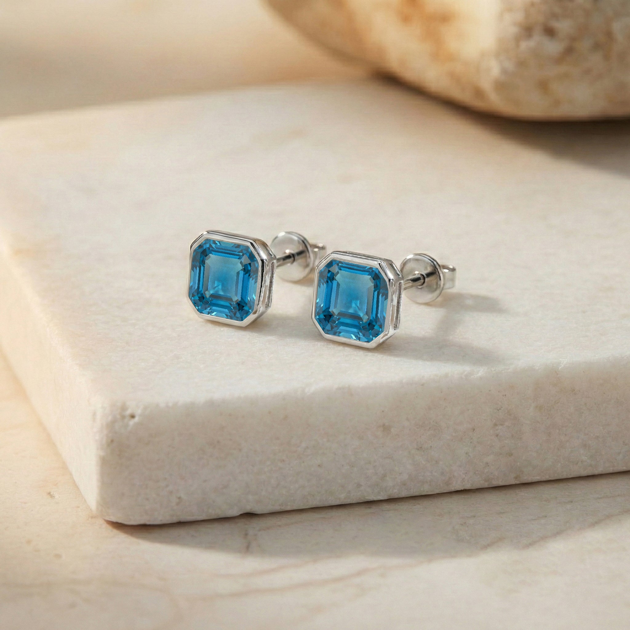 Blue Topaz Octagon Stud Earring in 925 Sterling Silver 6MM 2ct.