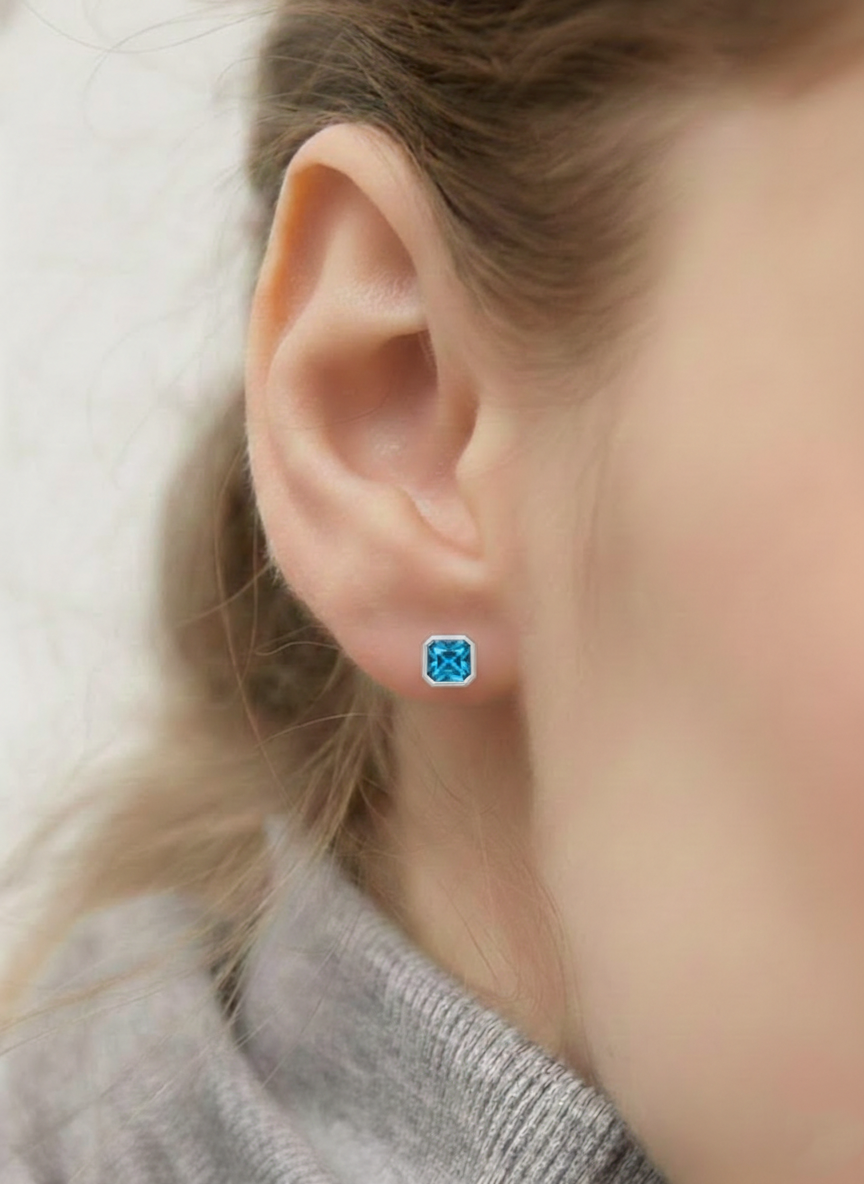 Blue Topaz Octagon Stud Earring in 925 Sterling Silver 6MM 2ct.