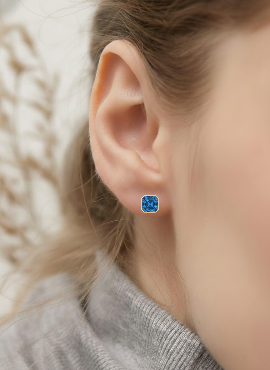 Blue Topaz Octagon Stud Earring in 925 Sterling Silver 6MM 2ct.