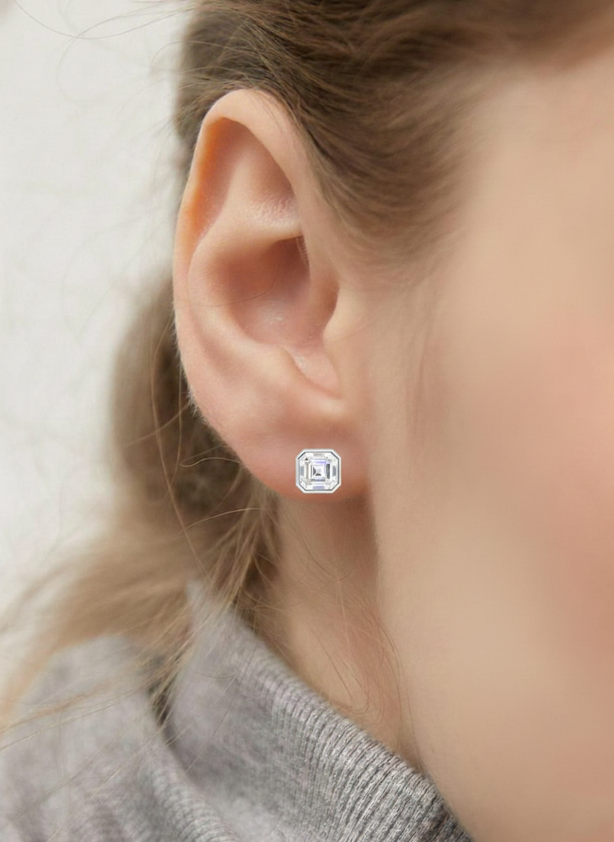 Simulated Diamond Octagon Stud Earring in 925 Sterling Silver 6MM 2ct.