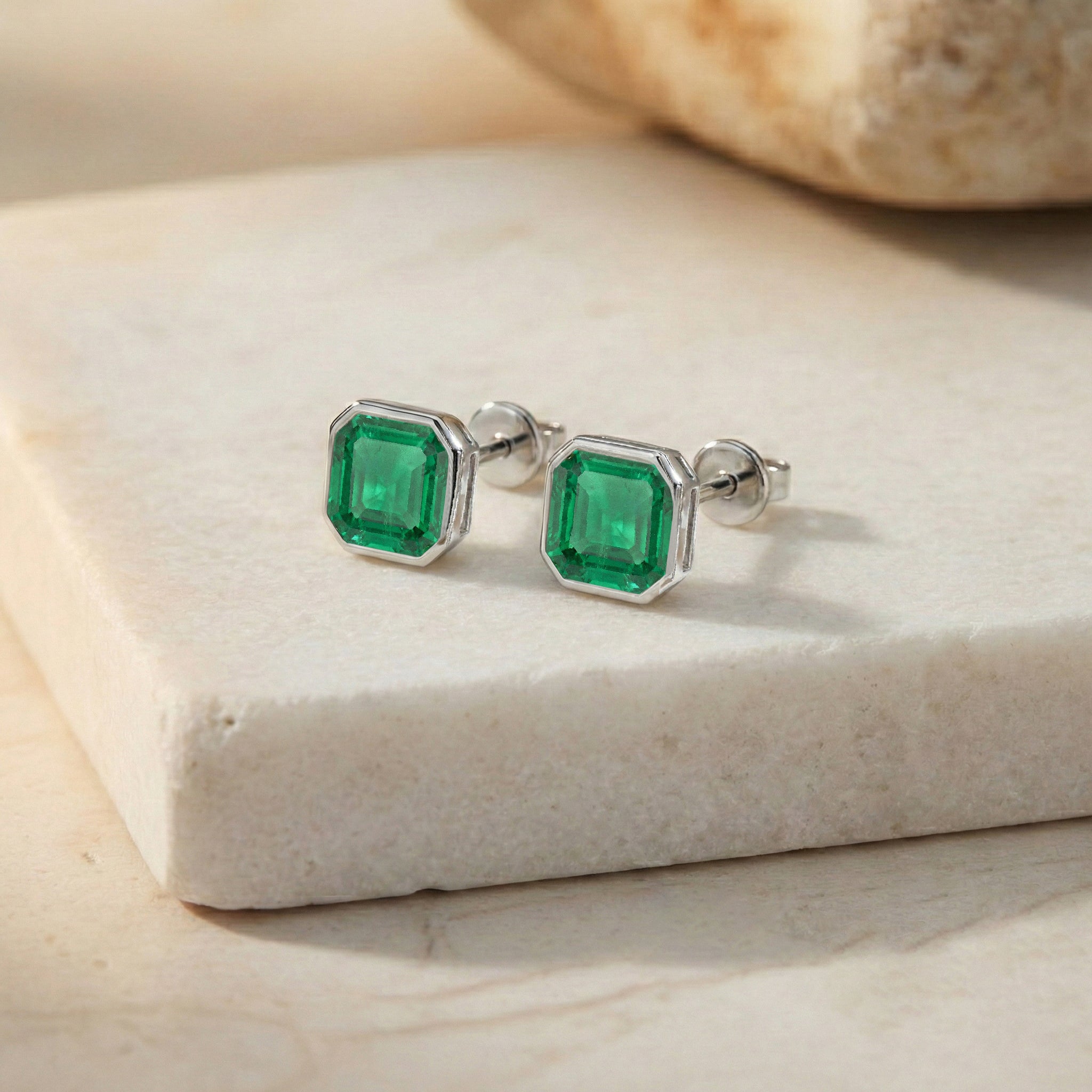 Emerald Octagon Stud Earring in 925 Sterling Silver 6MM 2ct.