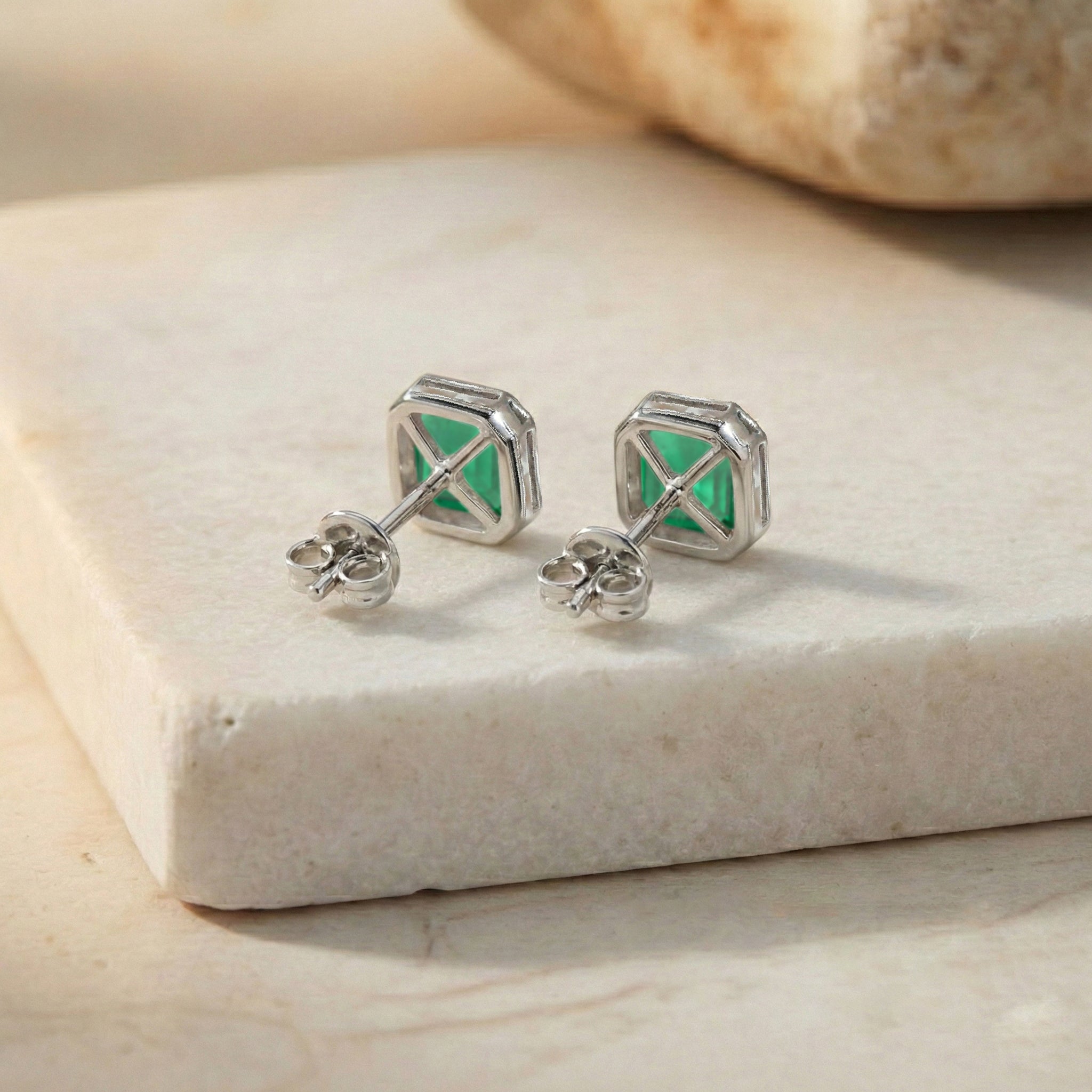 Emerald Octagon Stud Earring in 925 Sterling Silver 6MM 2ct.