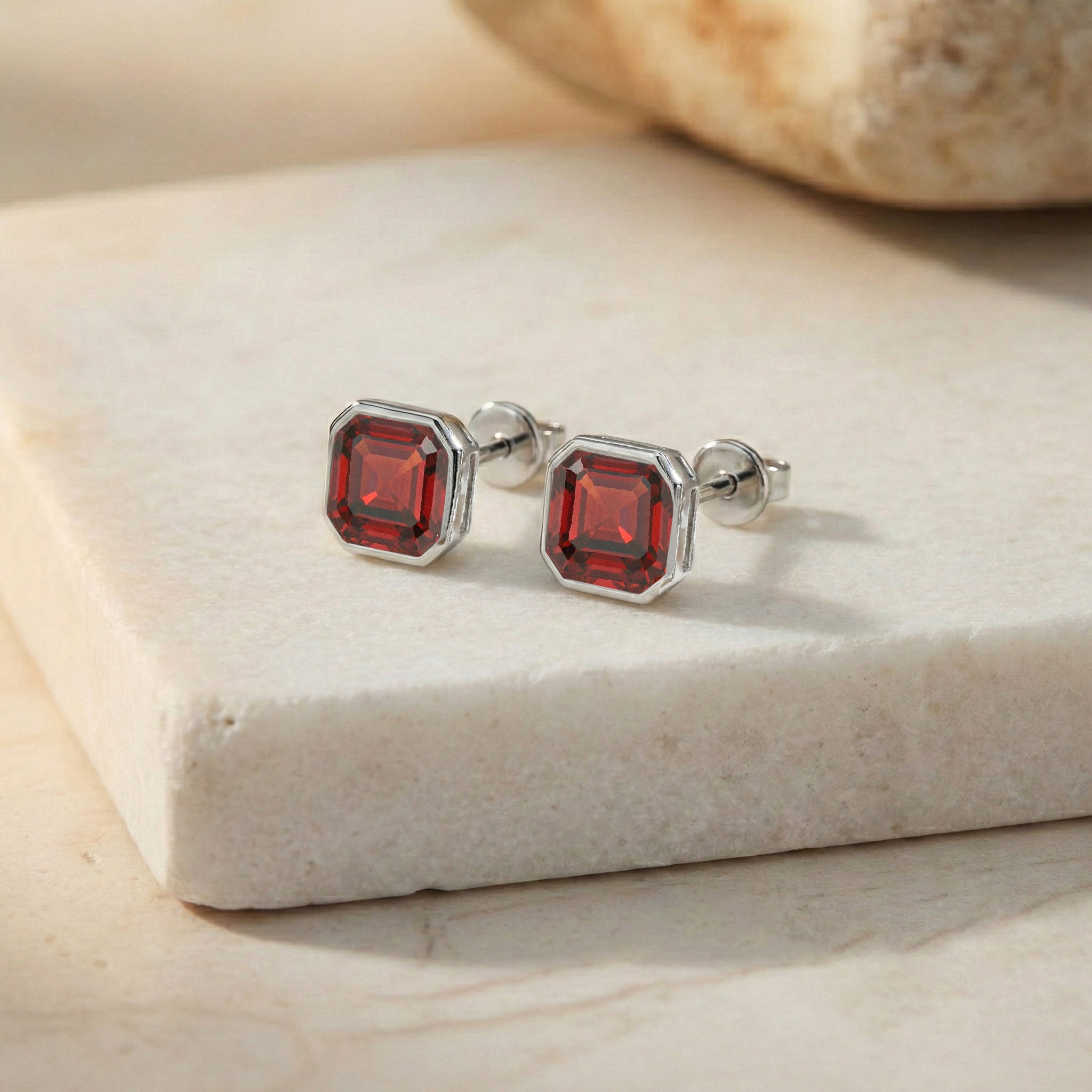 Garnet Octagon Stud Earring in 925 Sterling Silver 6MM 2ct.