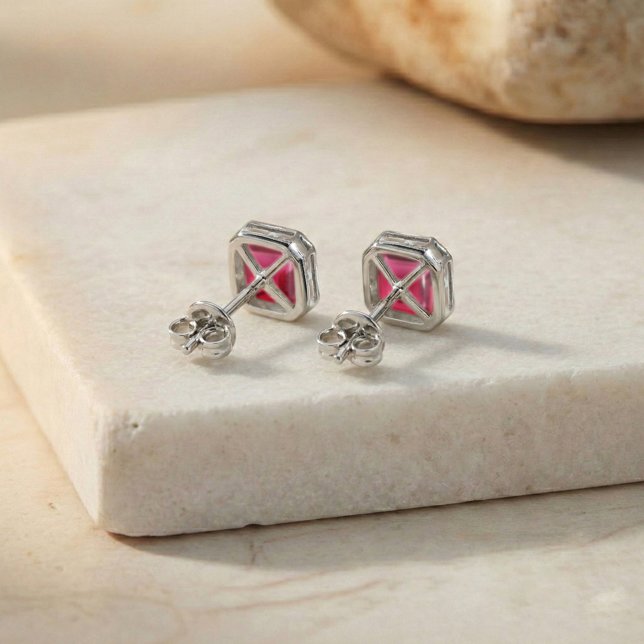 Pink Tourmaline Octagon Stud Earring in 925 Sterling Silver 6MM 2ct.