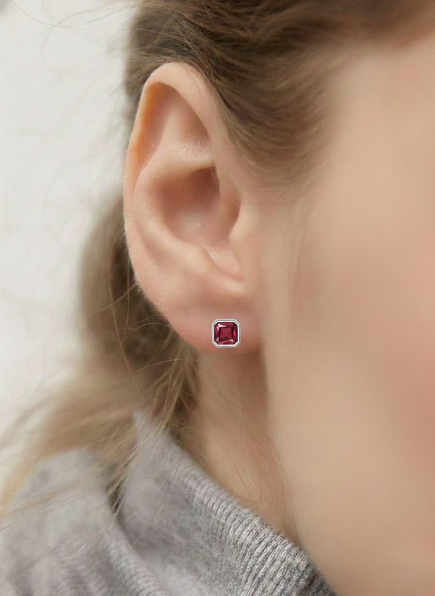 Ruby Octagon Stud Earring in 925 Sterling Silver 6MM 2ct.
