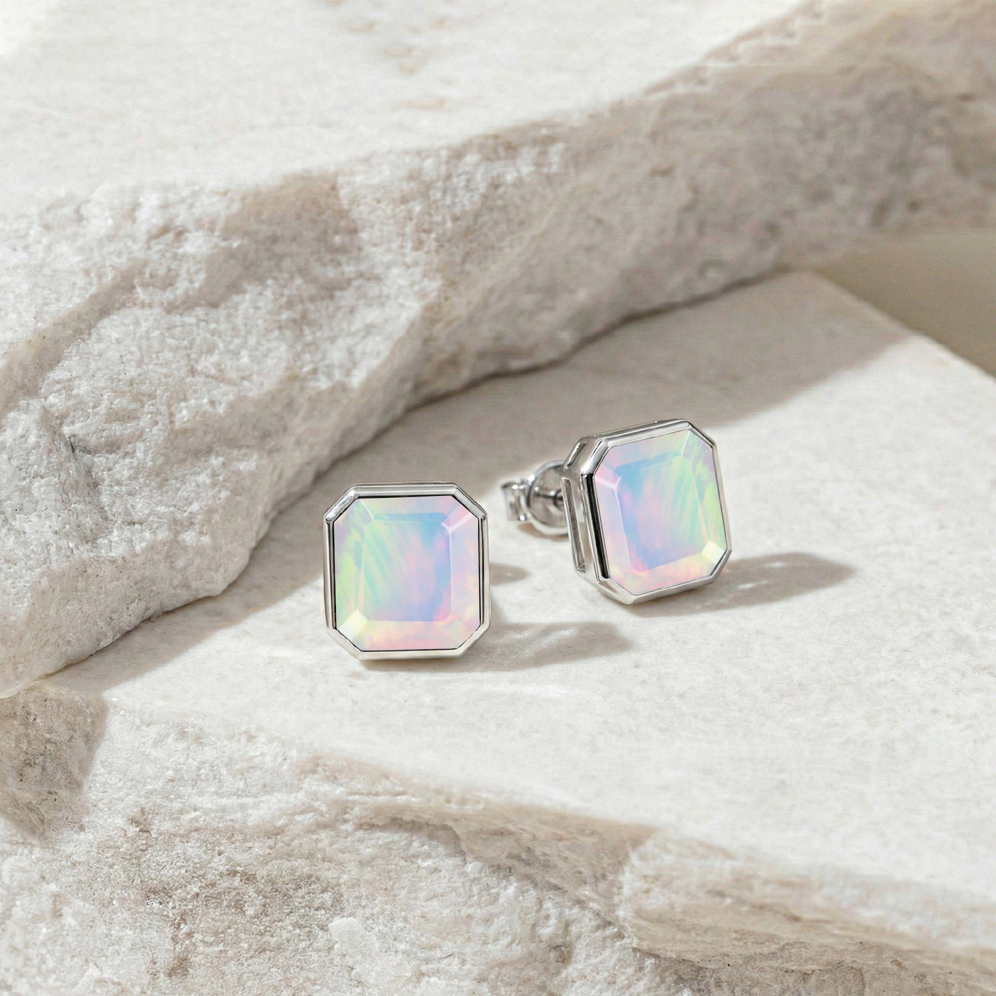 White Opal Octagon Stud Earring in 925 Sterling Silver 6MM 2ct.