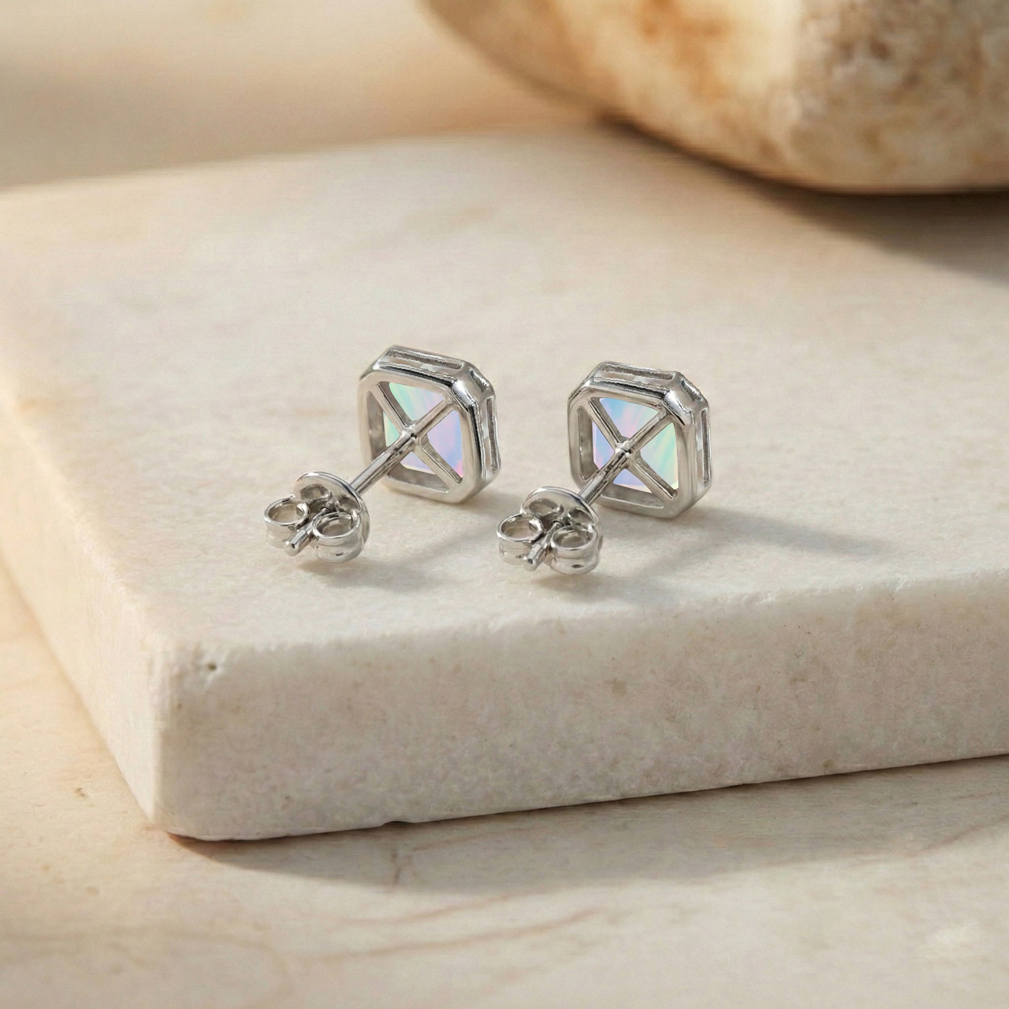 White Opal Octagon Stud Earring in 925 Sterling Silver 6MM 2ct.