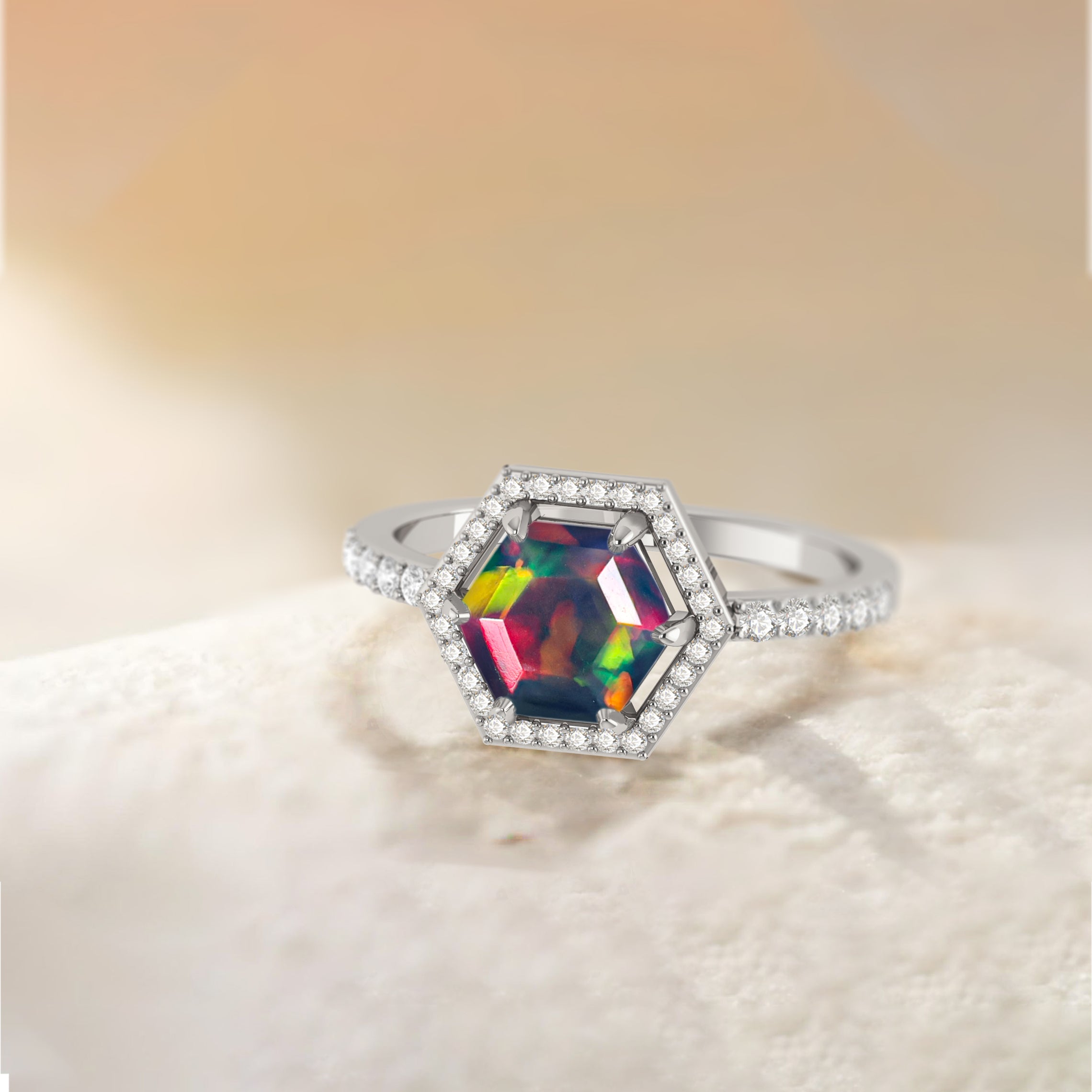 Hexagon Style Natural Black Opal Halo Ring
