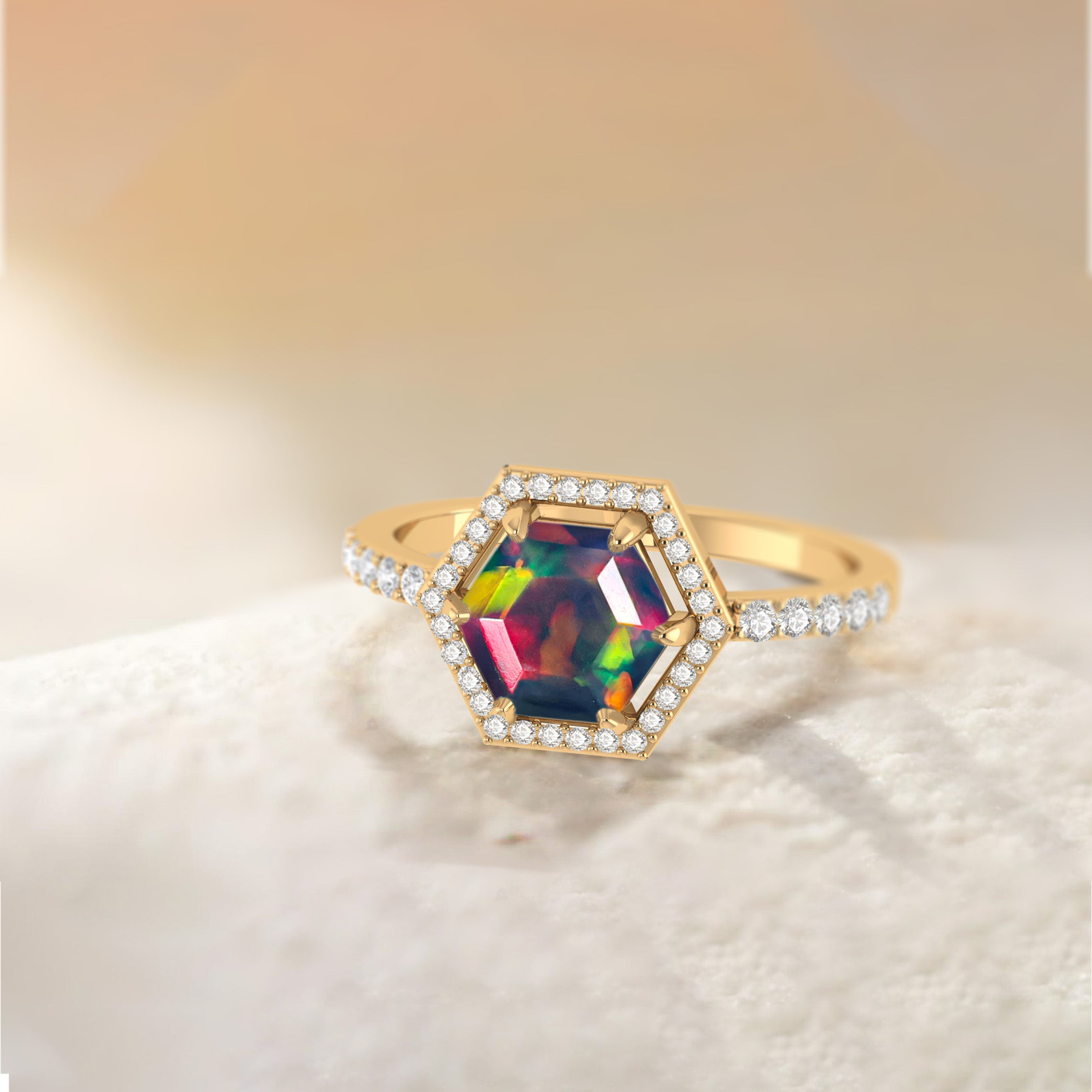 Hexagon Style Natural Black Opal Halo Ring