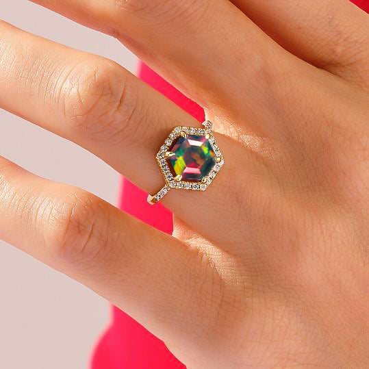 Hexagon Style Natural Black Opal Halo Ring