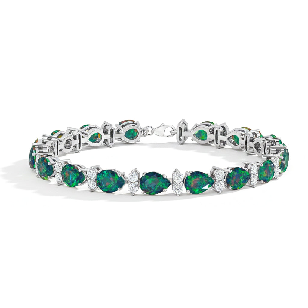 Black Opal Pear & Round Bracelet 7x5 MM & 2.5 MM 18.9 Ct Bold Luxury