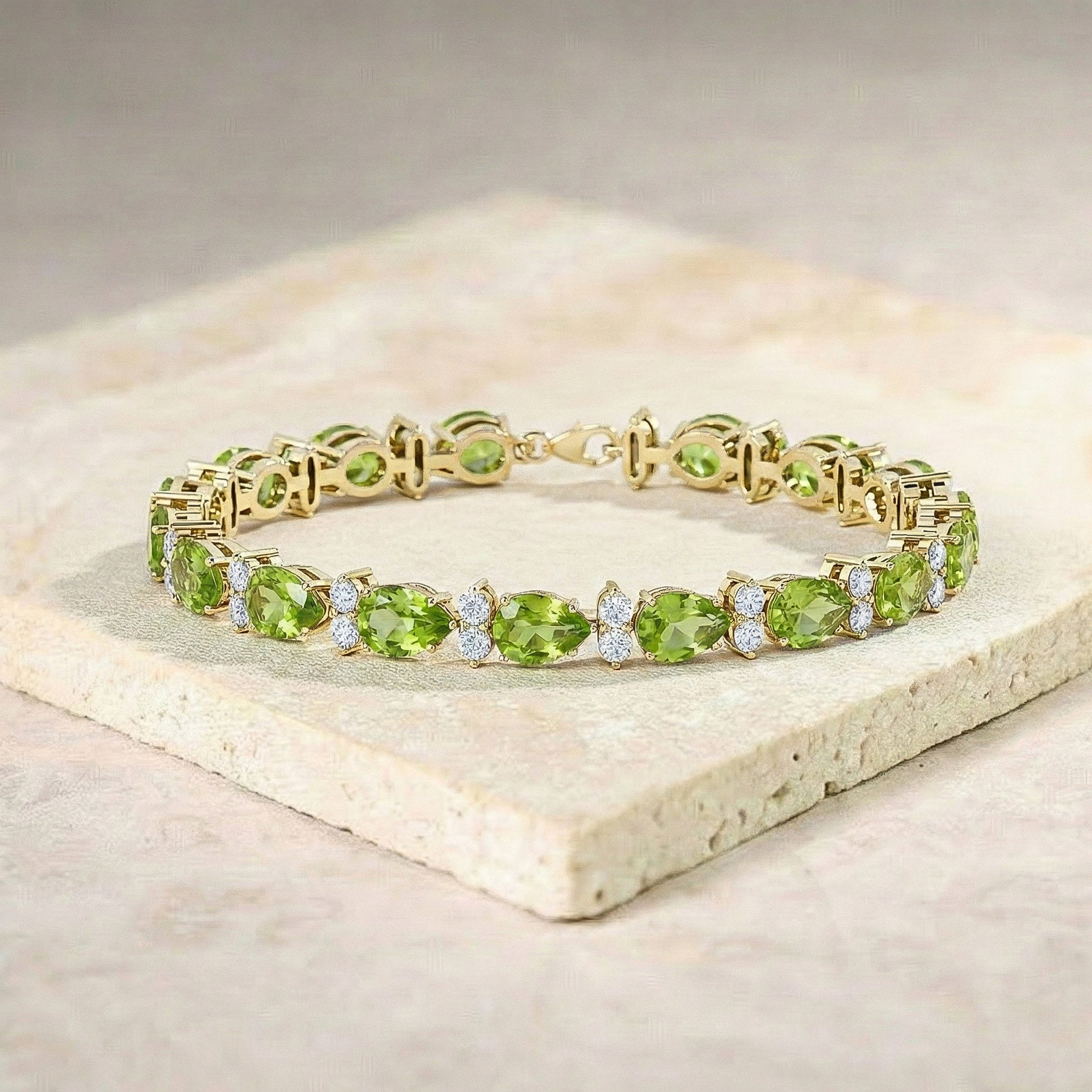 Peridot Pear & Round Bracelet 7x5 MM & 2.5 MM 18.9 Ct Fresh Green Style