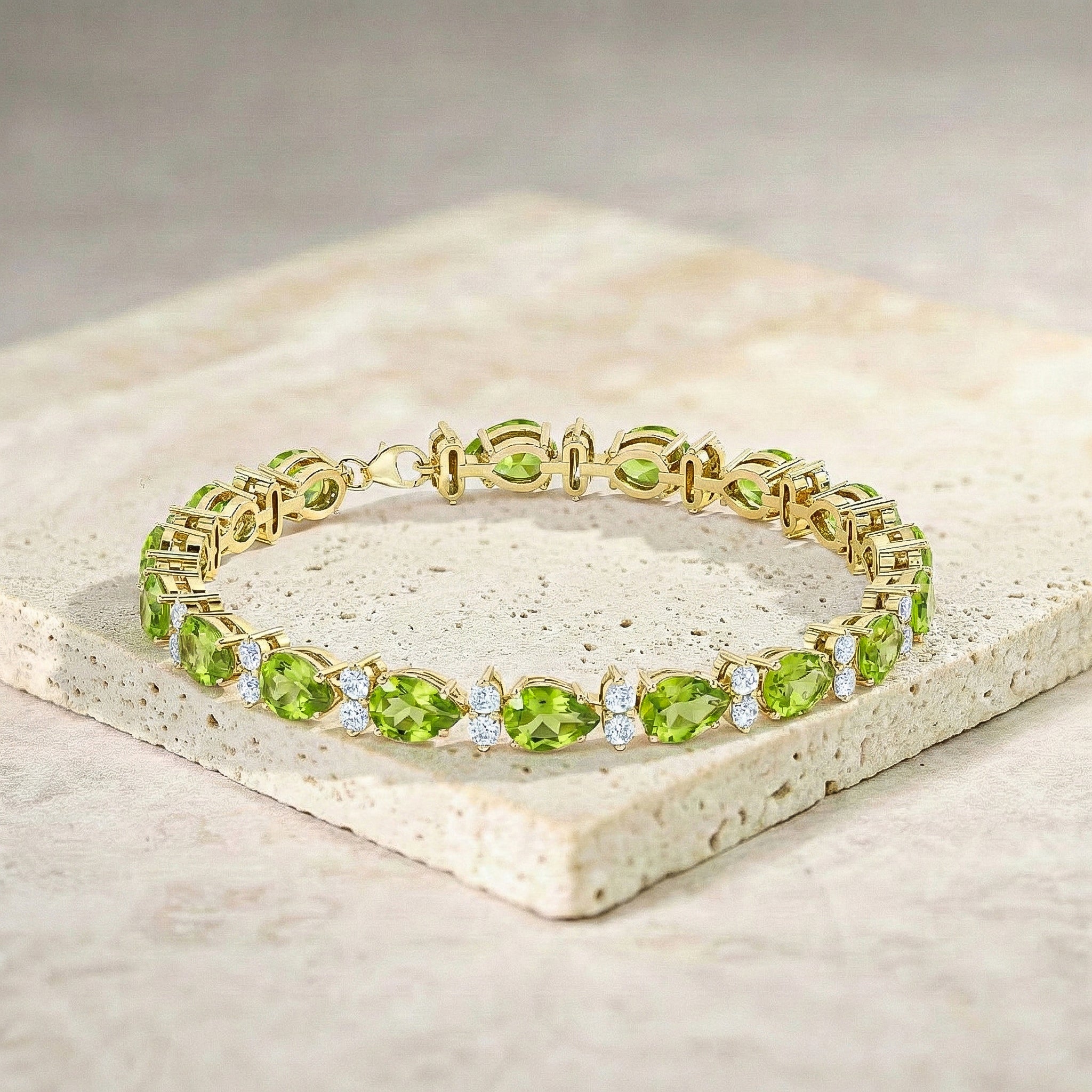 Peridot Pear & Round Bracelet 7x5 MM & 2.5 MM 18.9 Ct Fresh Green Style