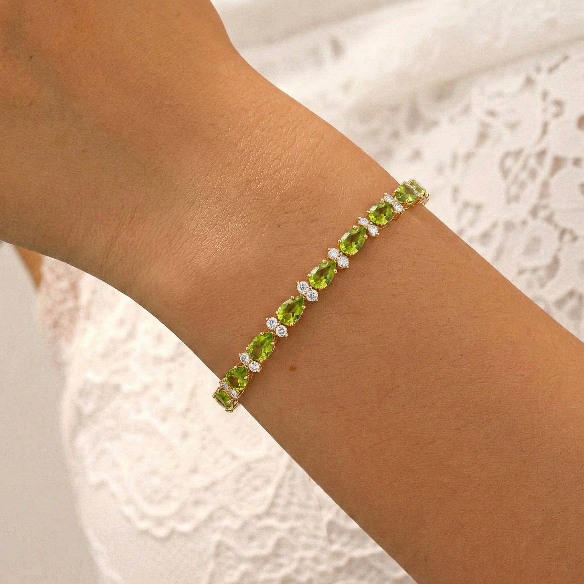 Peridot Pear & Round Bracelet 7x5 MM & 2.5 MM 18.9 Ct Fresh Green Style